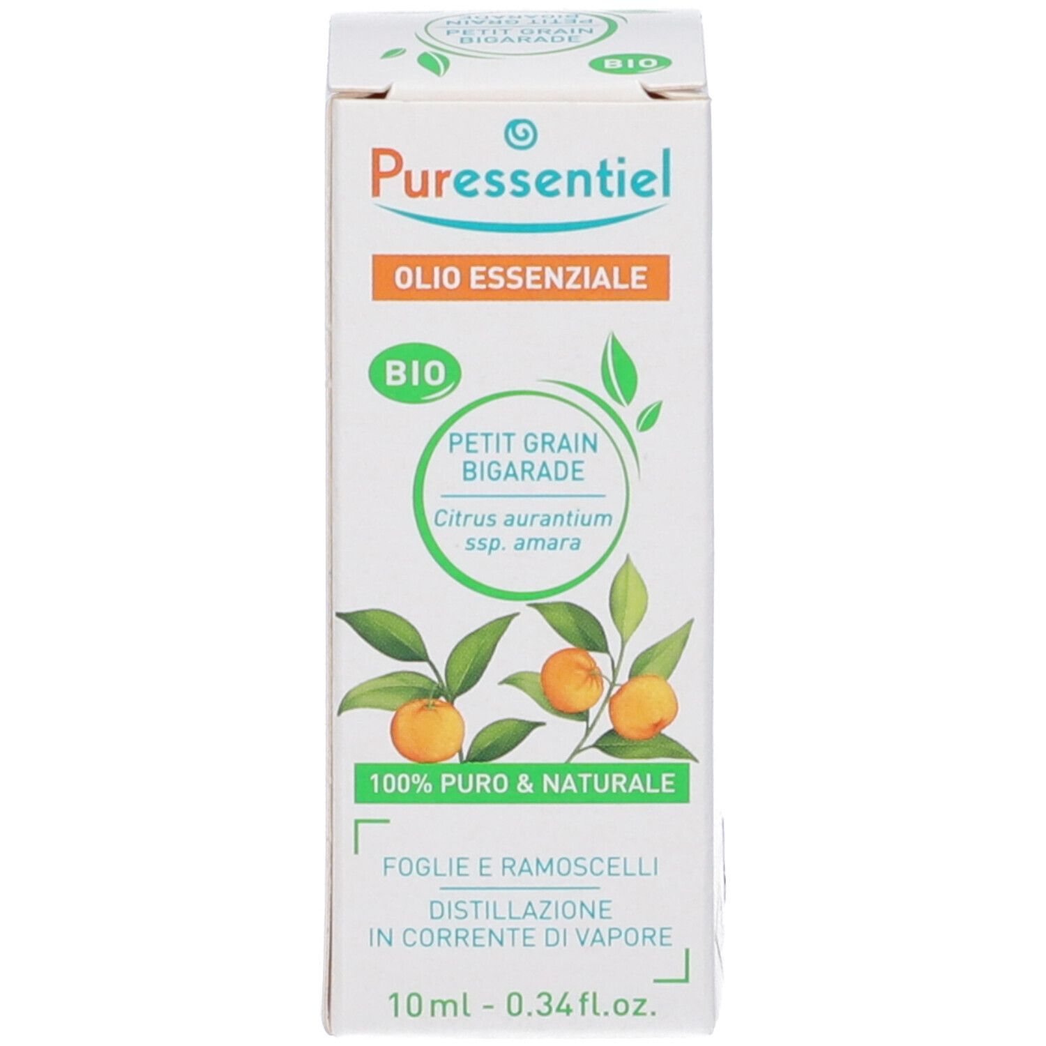 Puressentiel Petit Grain Bigarade Bio ätherisches Öl, 10ml. Weiße Box mit Orangen und Blättern.