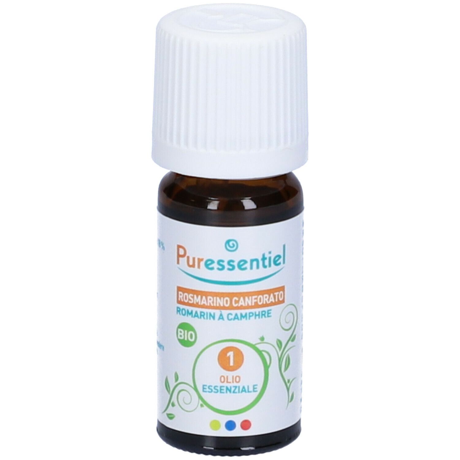 Flacone di vetro marrone con tappo bianco. Etichetta con nome del prodotto e certificazione BIO. Olio Essenziale.