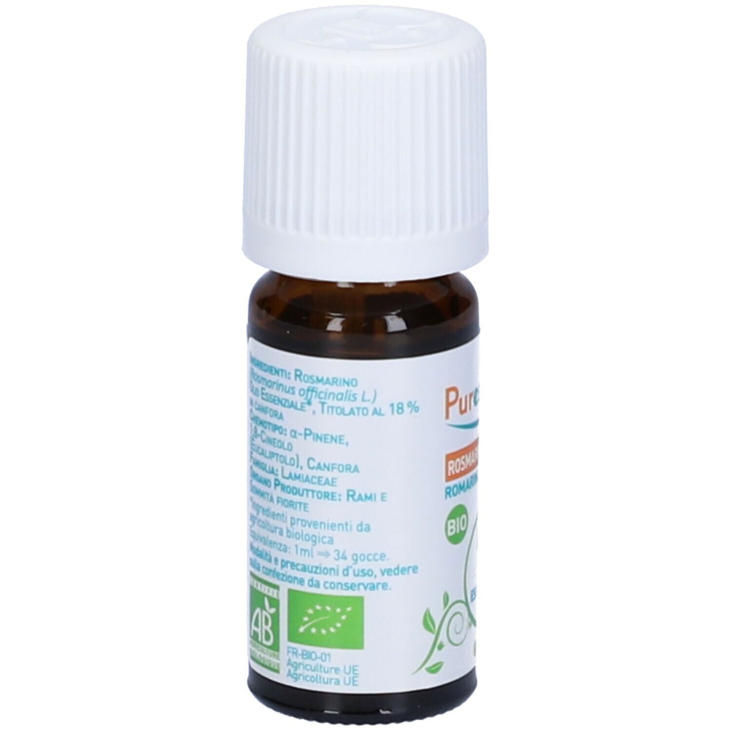 Retro del flacone di vetro marrone. Etichetta con ingredienti, certificazione BIO e informazioni del produttore.