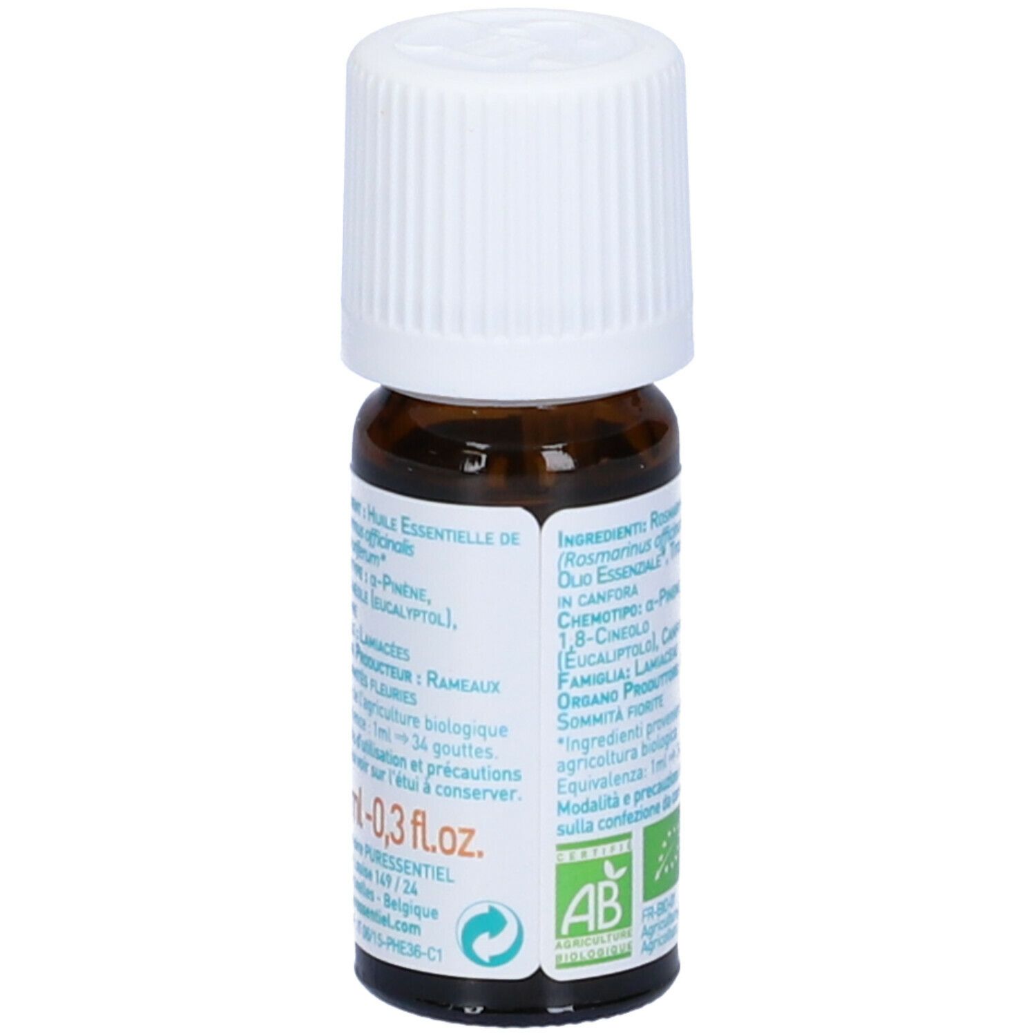 Retro del flacone di vetro marrone. Etichetta con ingredienti, certificazione BIO e informazioni del produttore.