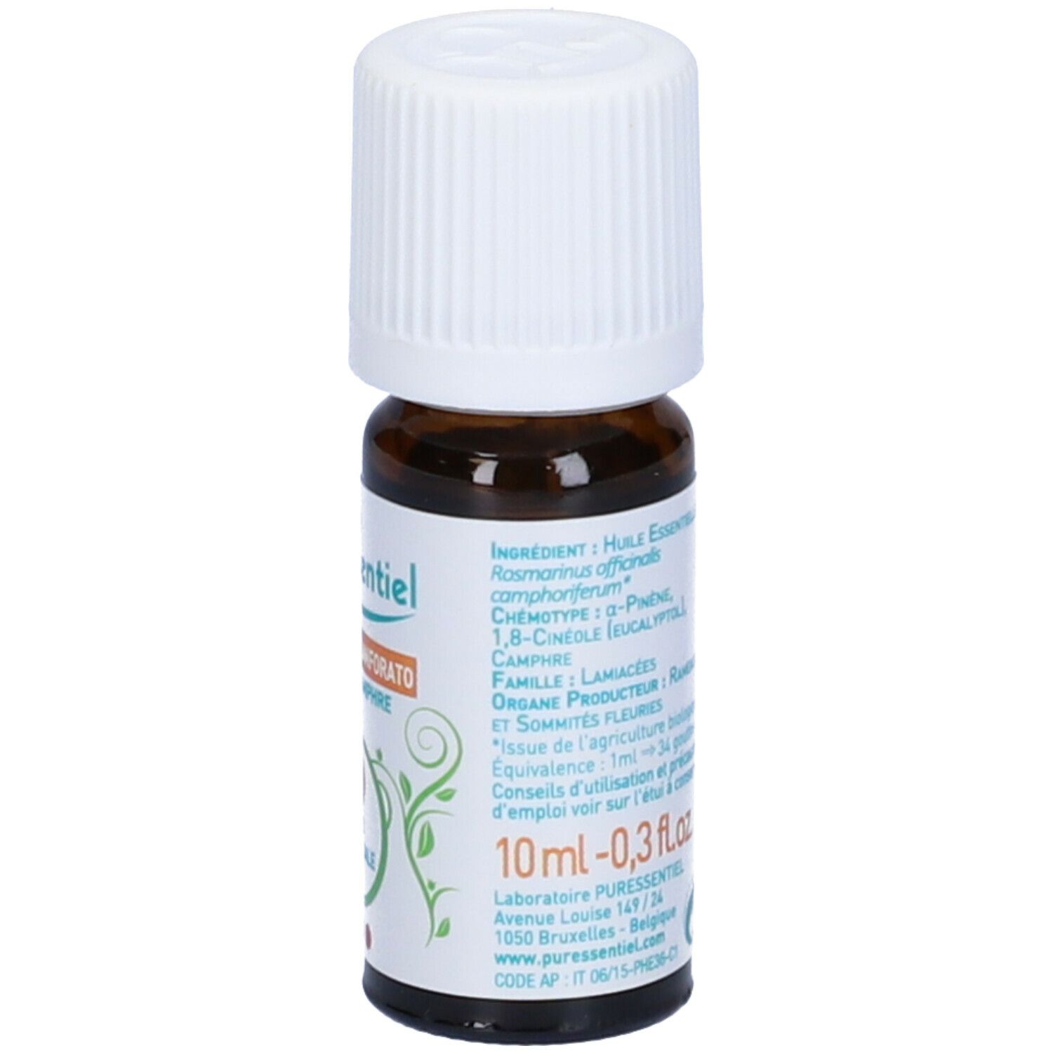 Flacone di vetro marrone con tappo bianco. Etichetta con nome del prodotto, certificazione BIO e indicazione del volume.