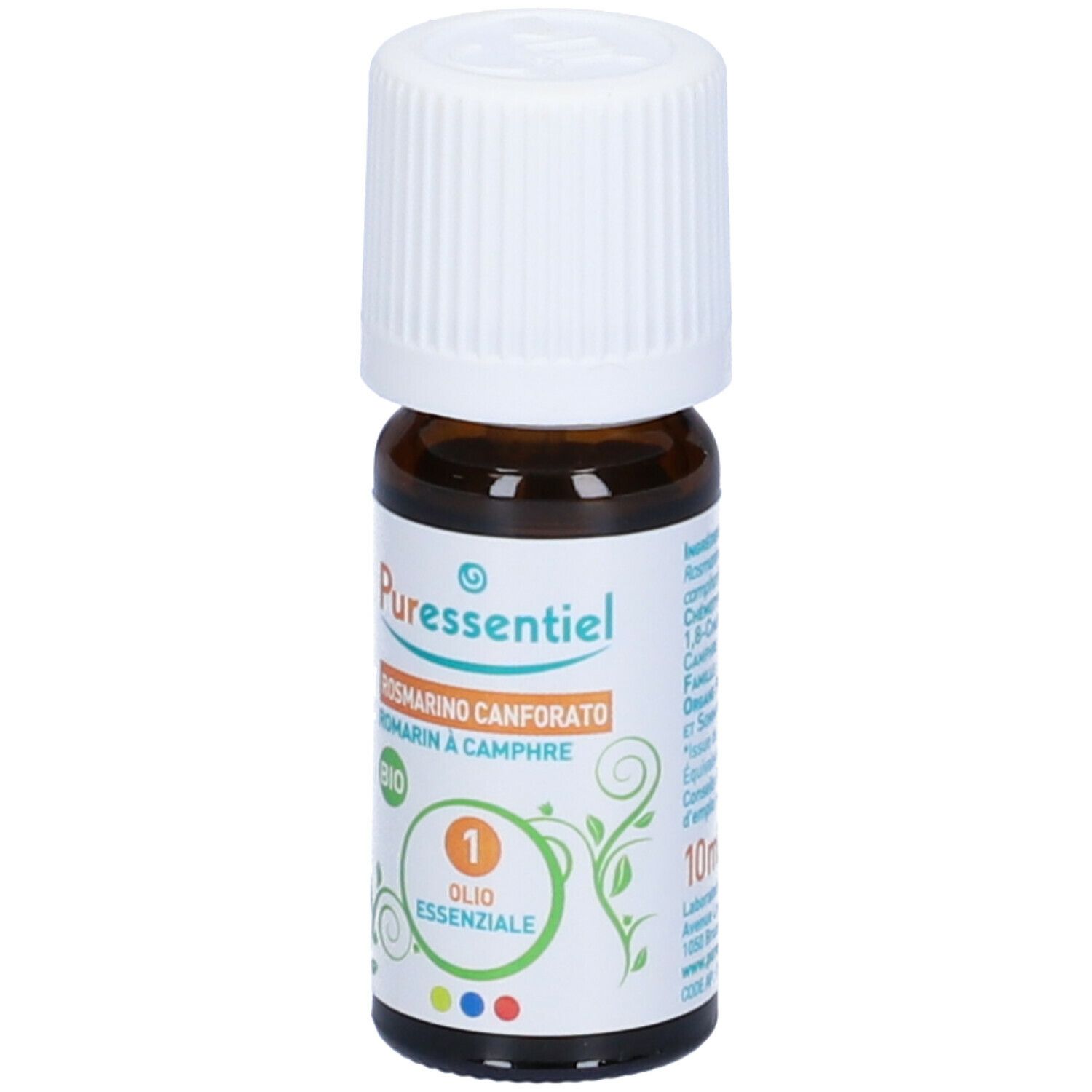 Flacone di vetro marrone con tappo bianco. Etichetta con nome del prodotto e certificazione BIO. Olio Essenziale.
