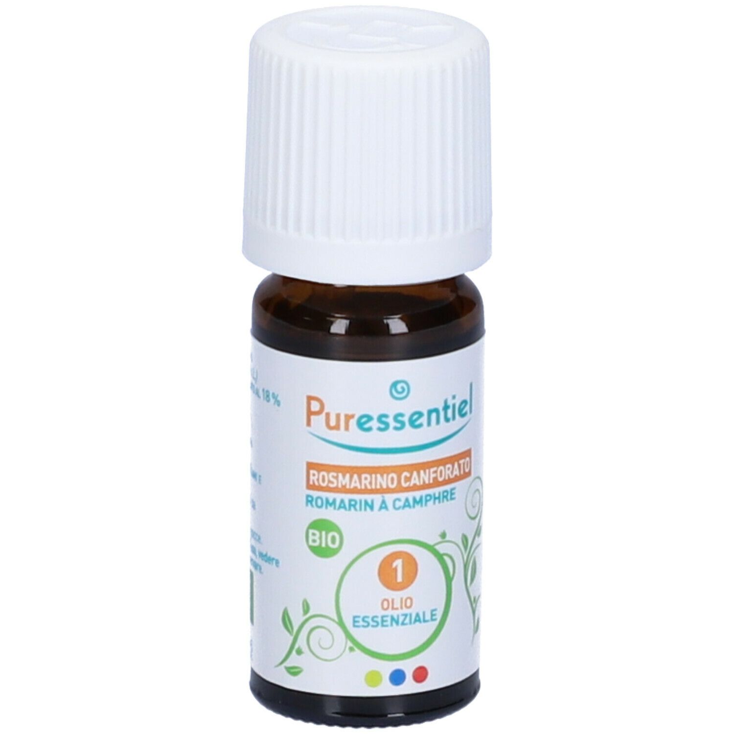 Flacone di vetro marrone con tappo bianco. Etichetta con nome del prodotto e certificazione BIO. Olio Essenziale.