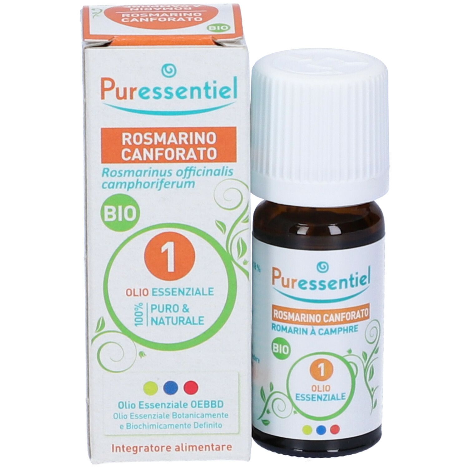 Confezione del prodotto con flacone e scatola. Scatola con nome del prodotto, certificazione BIO e Olio Essenziale.