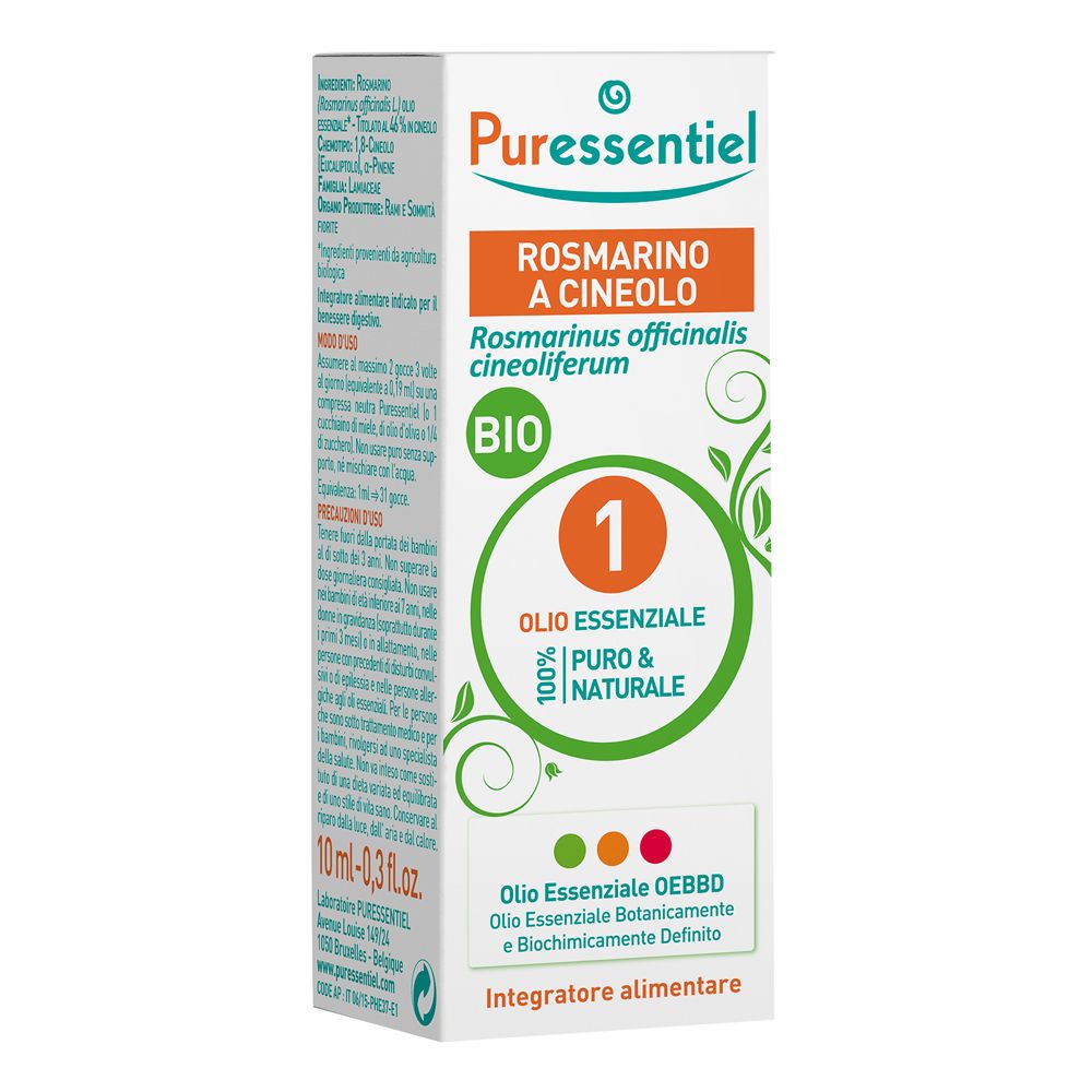 Confezione Puressentiel. Scritta: Rosmarino a Cineolo, Bio. Flacone da 10 ml. Sigillo Bio verde.