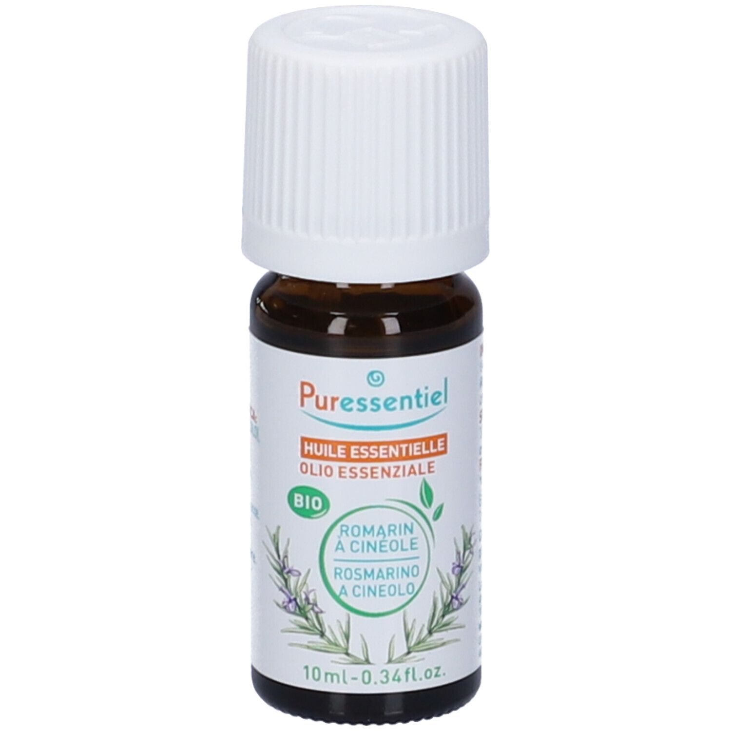Flacone di vetro marrone, tappo bianco. Scritta: Puressentiel, Olio essenziale, Bio. 10 ml. Sigillo Bio verde.
