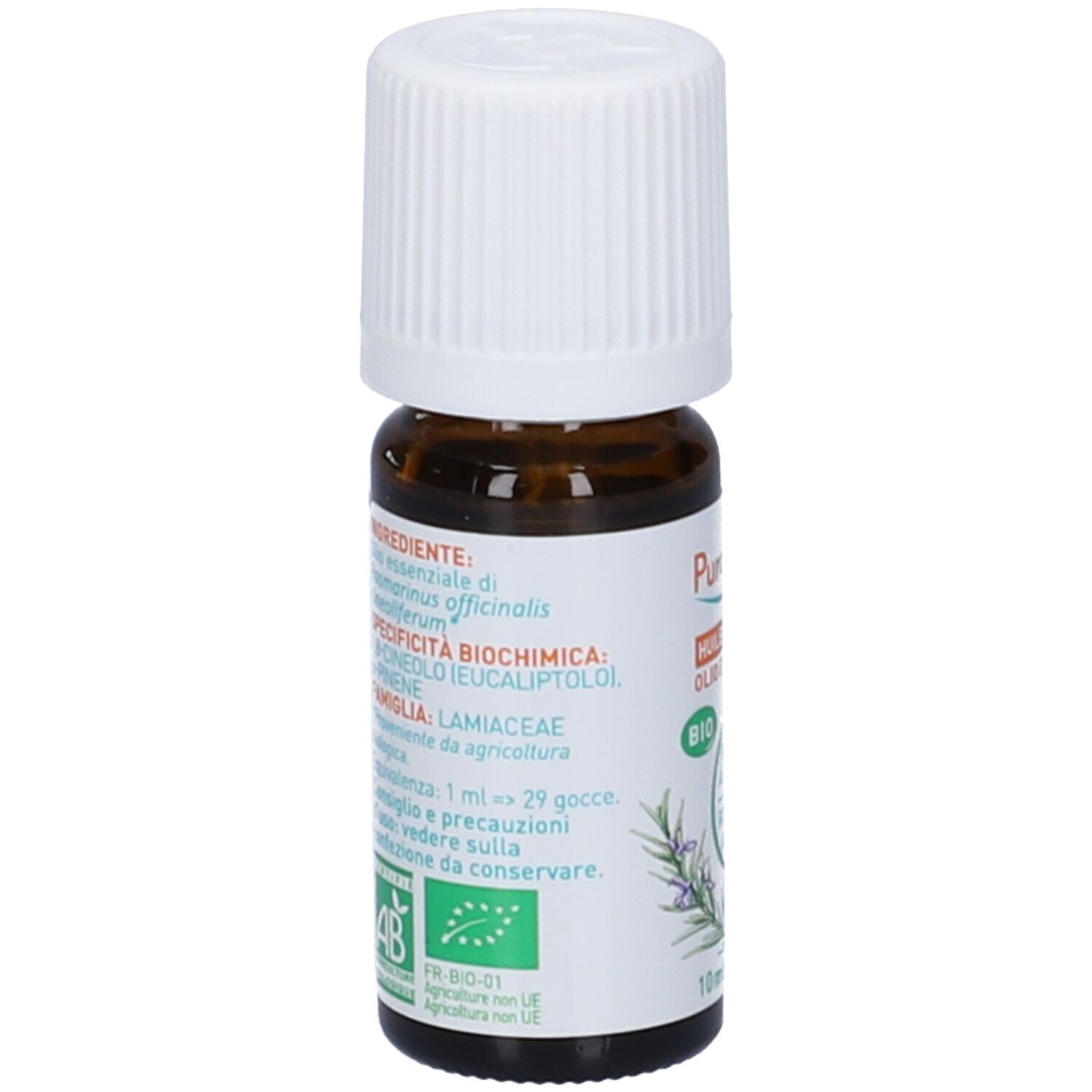 Flacone di vetro marrone, tappo bianco. Scritta: Puressentiel, Olio essenziale, Bio. 10 ml. Sigillo Bio verde.