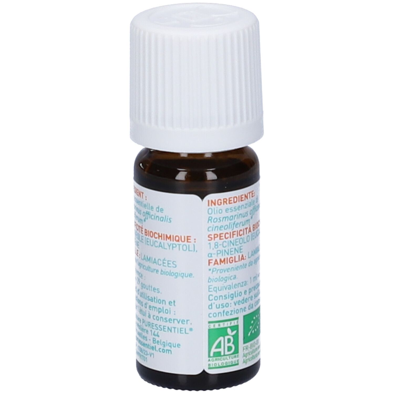 Flacone di vetro marrone, tappo bianco. Scritta: Puressentiel, Olio essenziale, Bio. 10 ml. Sigillo Bio verde.