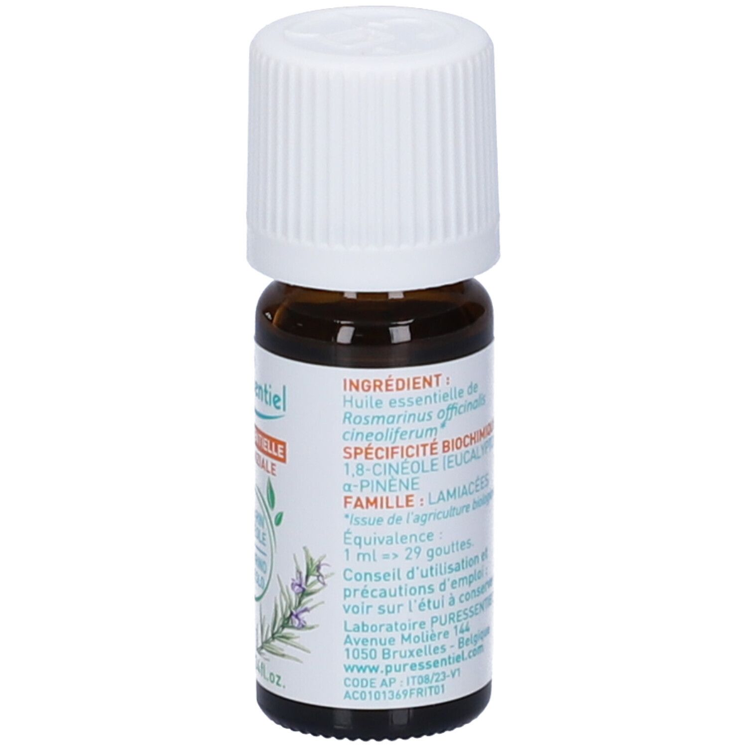 Flacone di vetro marrone, tappo bianco. Scritta: Puressentiel, Olio essenziale, Bio. 10 ml. Sigillo Bio verde.