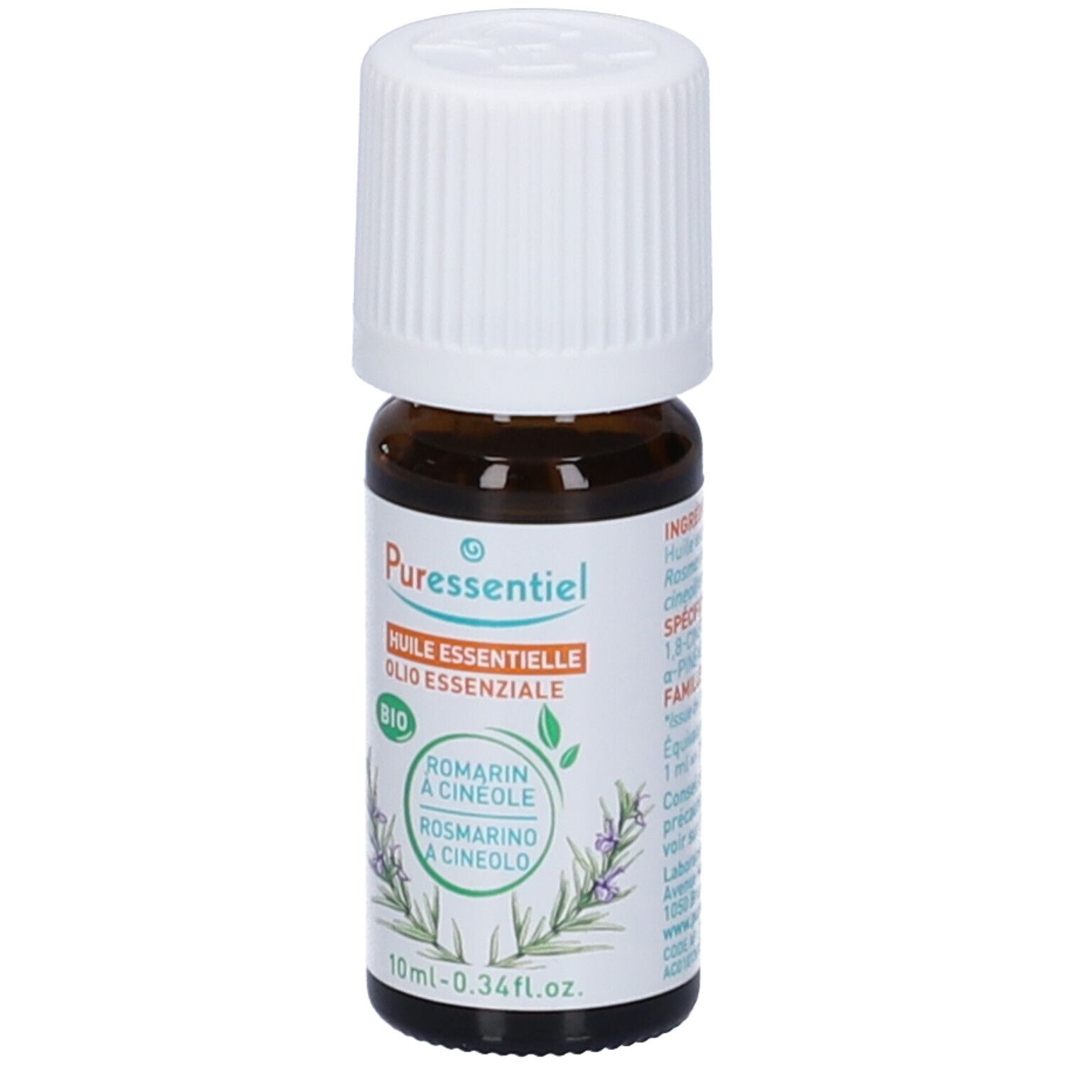 Flacone di vetro marrone, tappo bianco. Scritta: Puressentiel, Olio essenziale, Bio. 10 ml. Sigillo Bio verde.