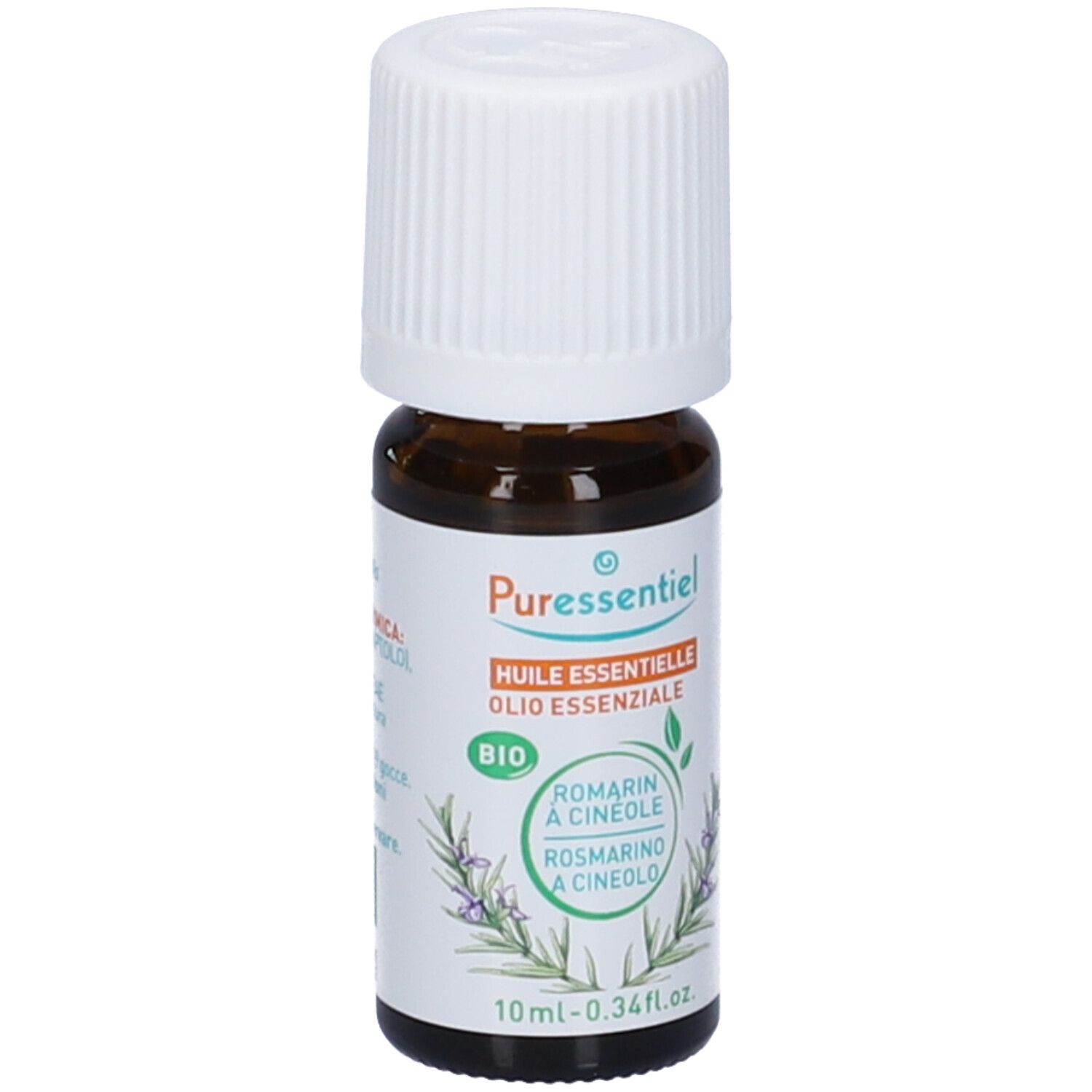 Flacone di vetro marrone, tappo bianco. Scritta: Puressentiel, Olio essenziale, Bio. 10 ml. Sigillo Bio verde.