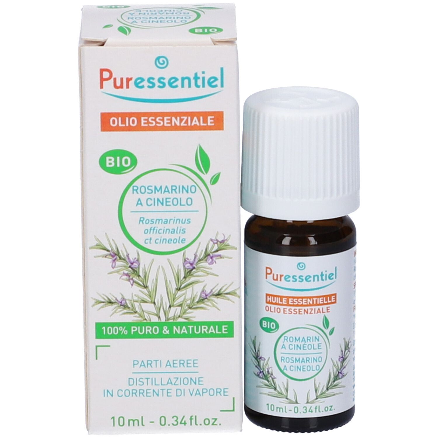 Confezione e flacone. Scritta: Puressentiel, Olio Essenziale, Bio. 10 ml. Sigillo Bio verde.