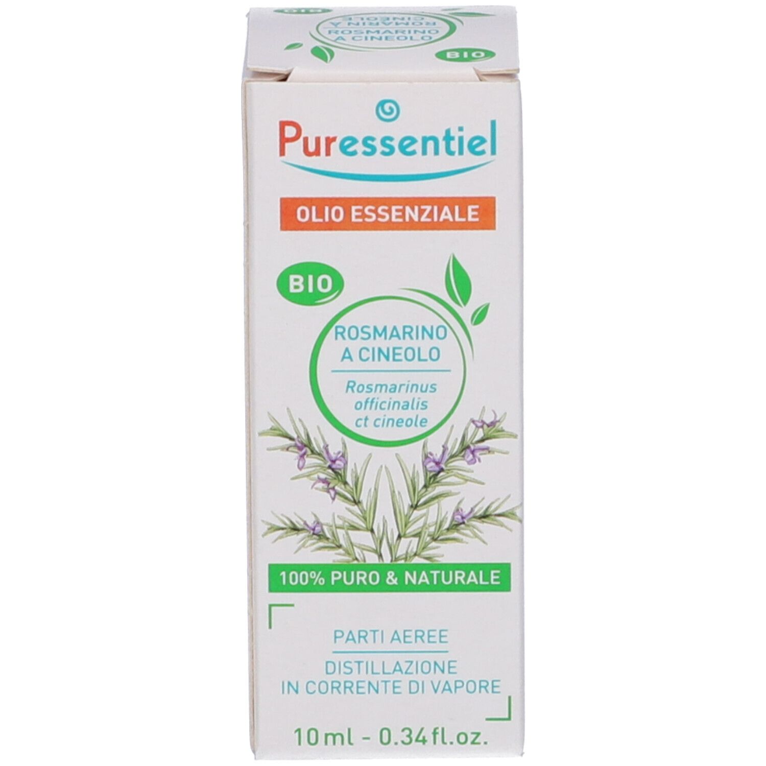 Confezione. Scritta: Puressentiel, Olio Essenziale, Bio. 10 ml. Sigillo Bio verde.