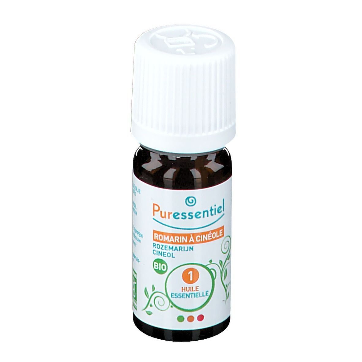 Flacone di vetro marrone, tappo bianco. Scritta: Puressentiel, Rosmarino a Cineolo, Bio. Sigillo Bio verde.