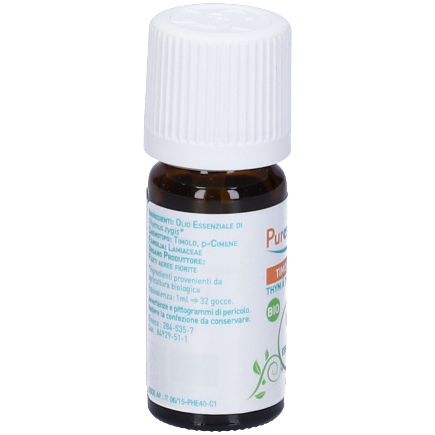 Flacone in vetro marrone con tappo bianco. Scritto: Puressentiel, Timo a timolo, BIO. 1 Olio essenziale.