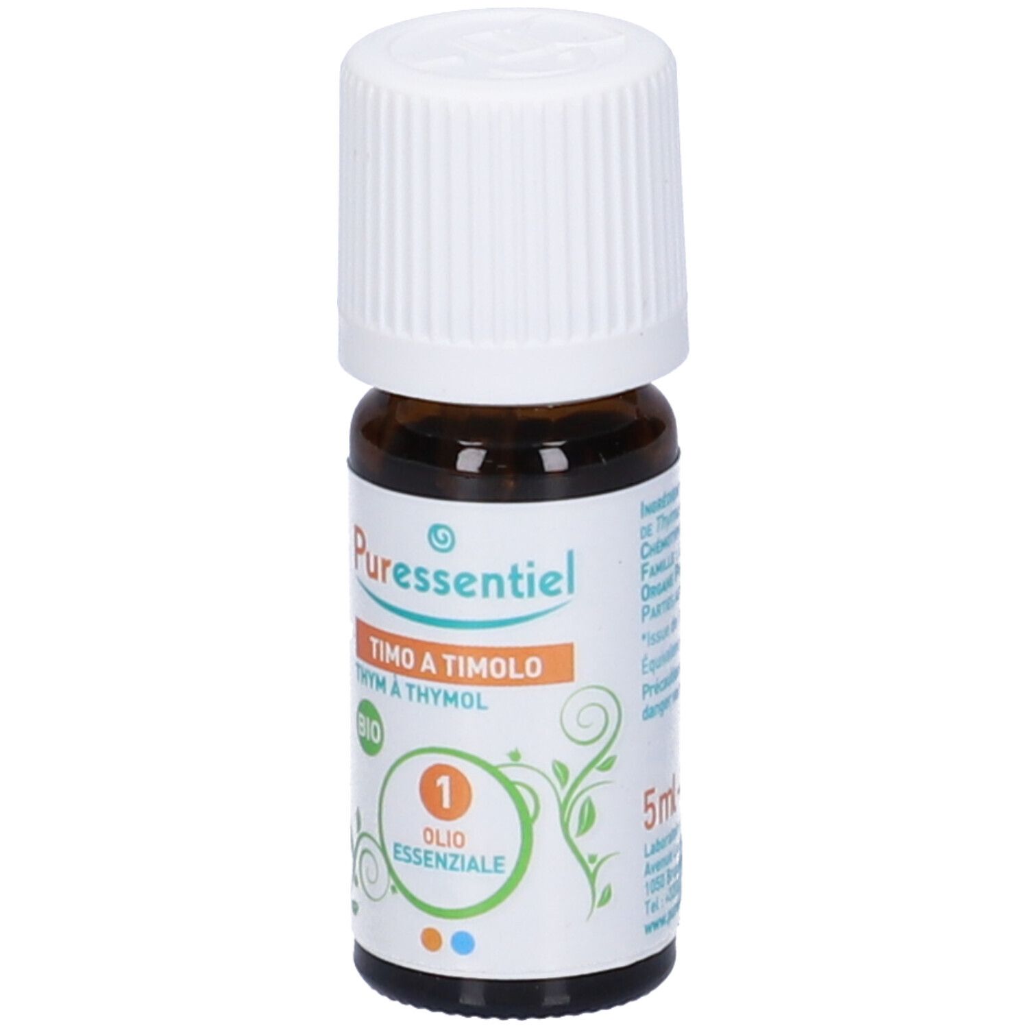 Flacone in vetro marrone con tappo bianco. Scritto: Puressentiel, Timo a timolo, BIO. 1 Olio essenziale.