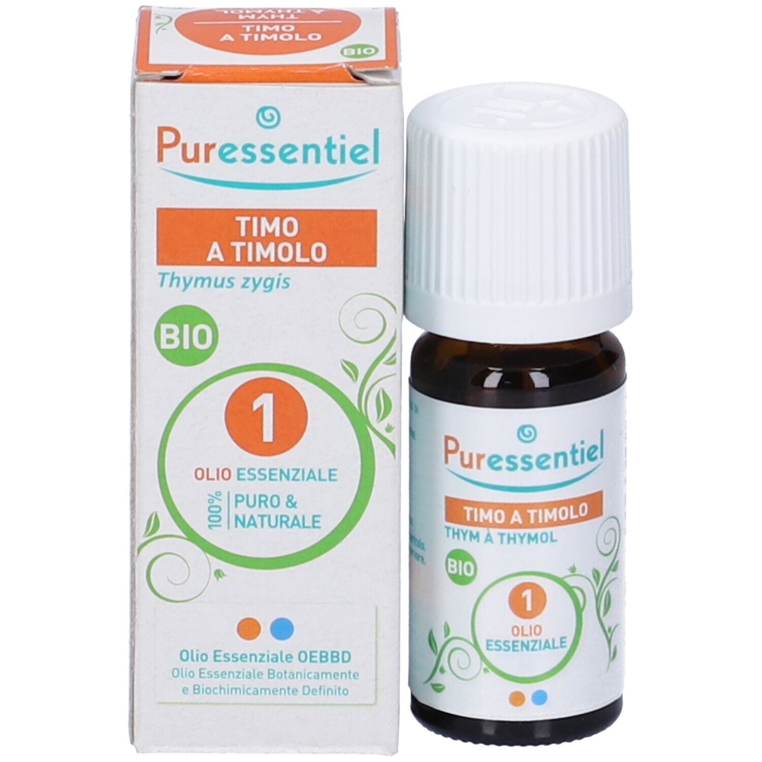 Flacone in vetro marrone e scatola con informazioni sul prodotto. Scritto: Puressentiel, Timo a timolo, BIO. 1 Olio essenziale.