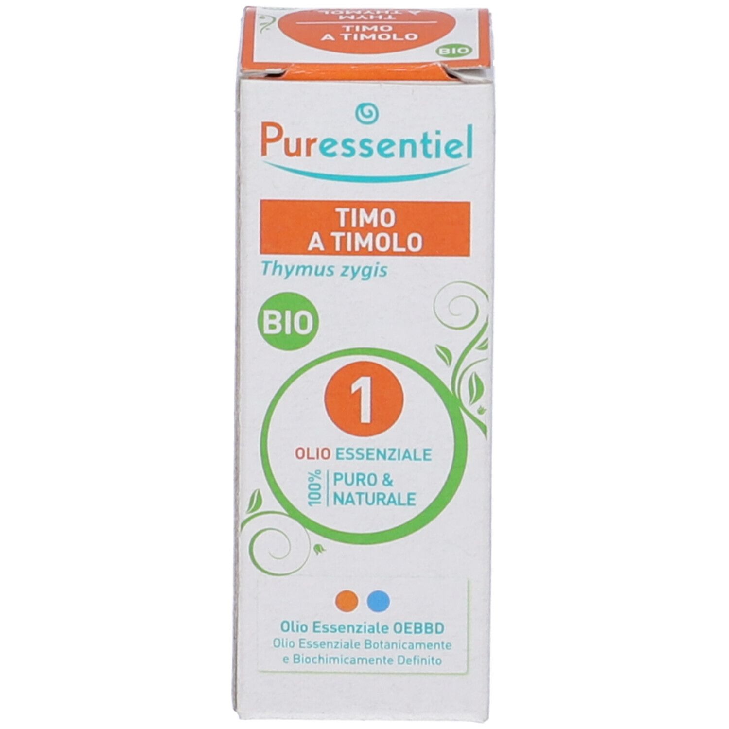 Scatola con informazioni sul prodotto. Scritto: Puressentiel, Timo a timolo, BIO. 1 Olio essenziale.