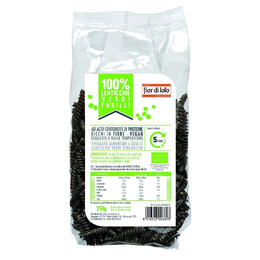 Confezione trasparente di pasta fusilli verdi. Scritte: 100% Lenticchie Verdi Fusilli, Fior di Lolo, marchio bio, informazioni nutrizionali, 250g.