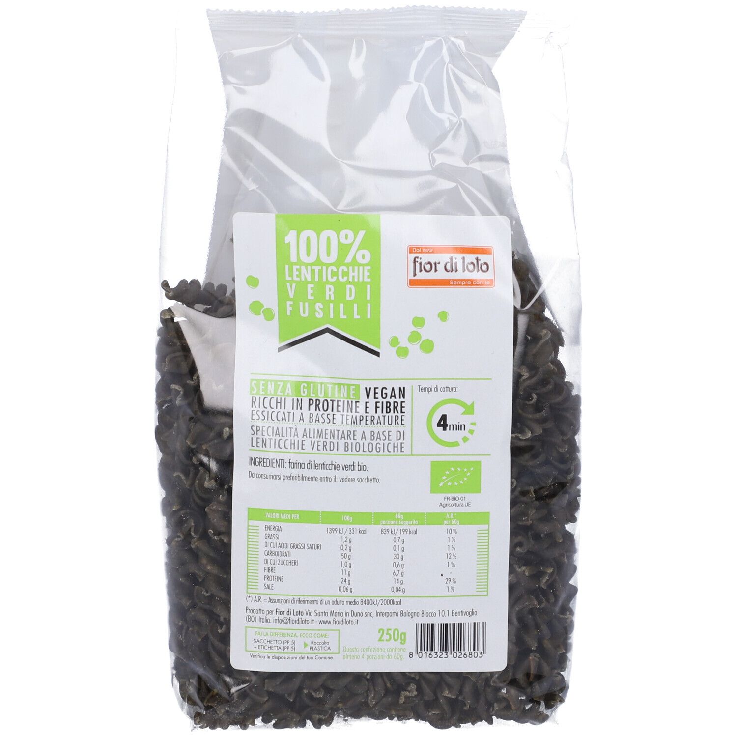 Confezione trasparente di pasta fusilli verdi. Scritte: 100% Lenticchie Verdi Fusilli, Fior di Lolo, marchio bio, informazioni nutrizionali, 250g.