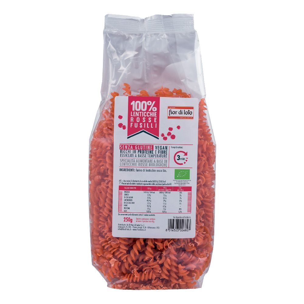 Confezione trasparente di pasta fusilli rossa. Scritta: 100% Lenticchie Rosse Fusilli, Fior di lolo, marchio bio, informazioni nutrizionali, 250g.