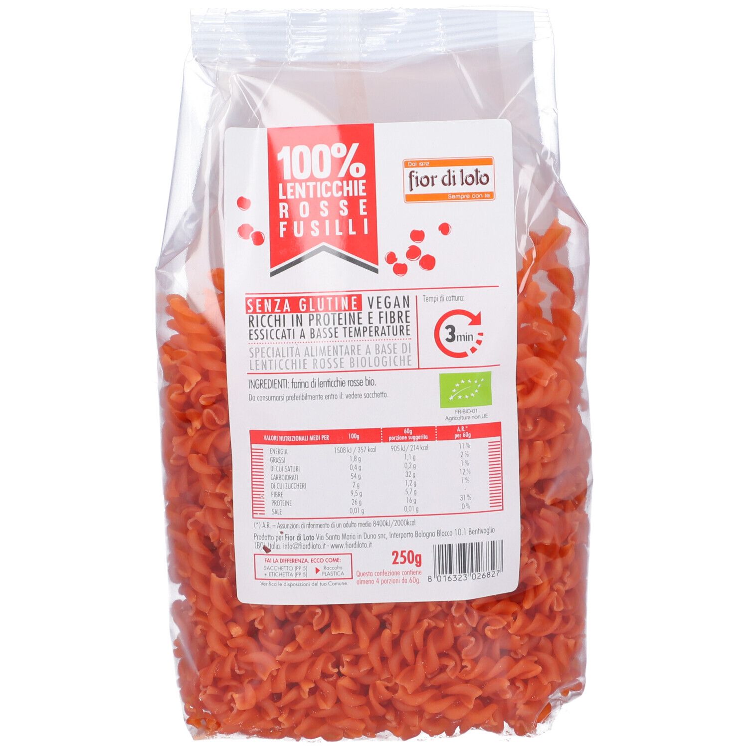 Confezione trasparente di pasta fusilli rossa. Scritta: 100% Lenticchie Rosse Fusilli, Fior di lolo, marchio bio, informazioni nutrizionali, 250g.