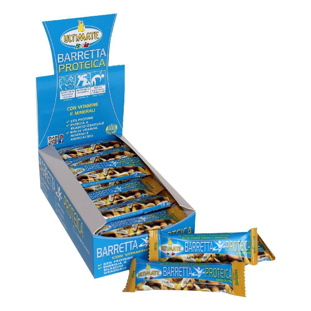 Scatola blu con barrette proteiche. Scritta: BARRETTA PROTEICA, con vitamine e minerali. Barrette singole accanto.