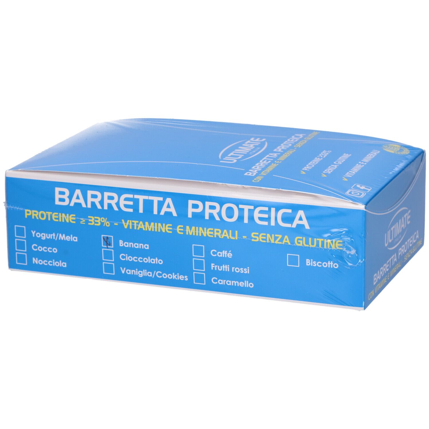 Scatola blu con barrette proteiche. Scritta: BARRETTA PROTEICA, proteine ≥ 33%, vitamine e minerali, senza glutine. Scelte.