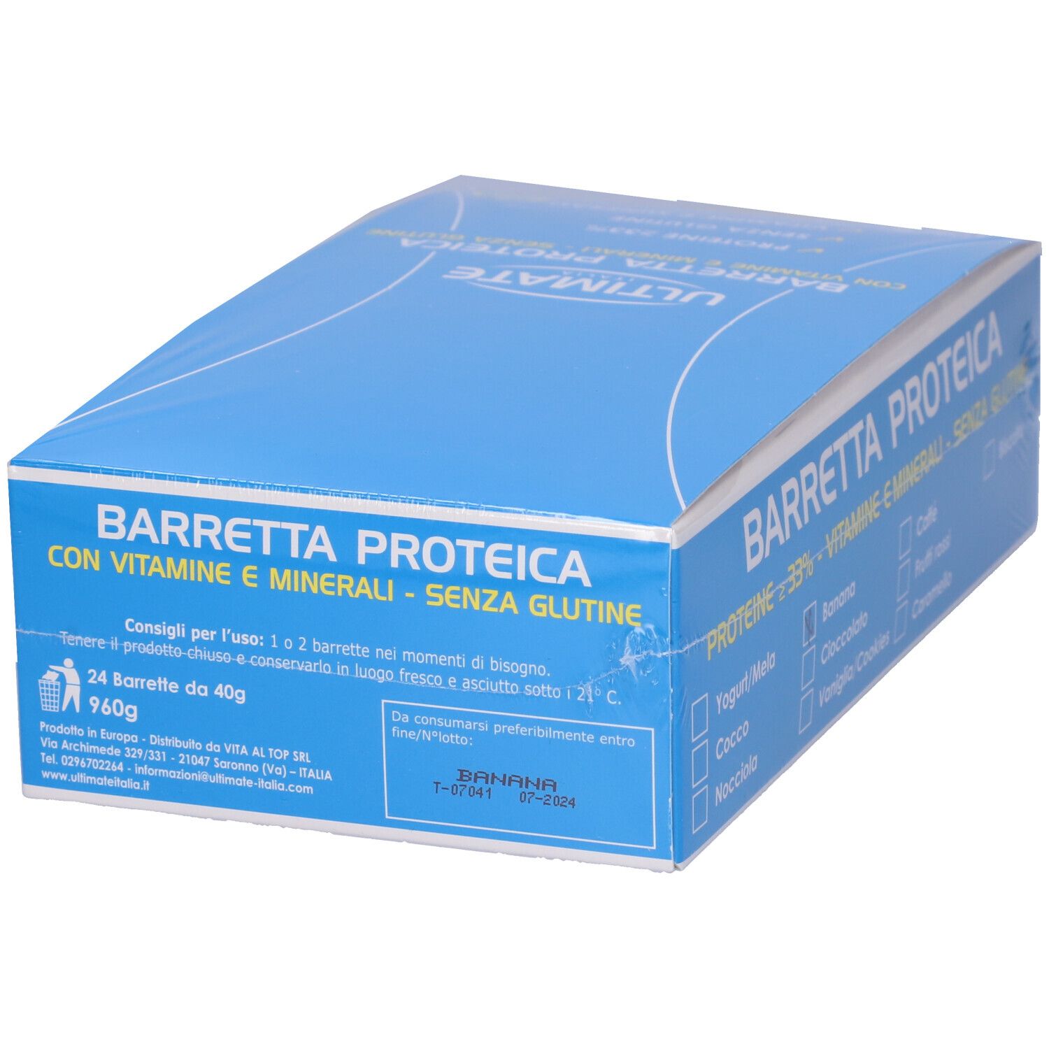 Scatola blu con barrette proteiche. Scritta: BARRETTA PROTEICA, proteine ≥ 33%, vitamine e minerali, senza glutine. Scelta banana.