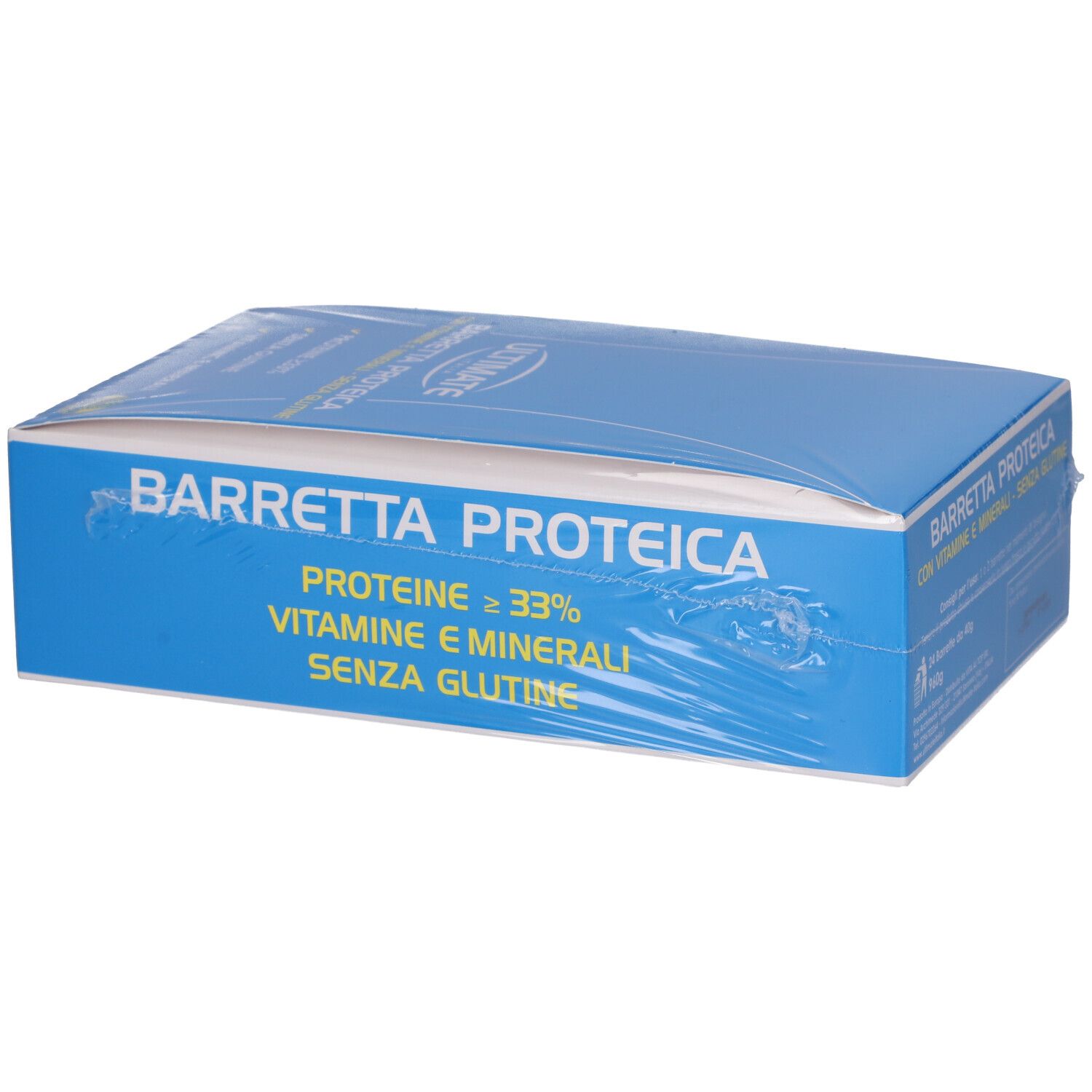 Scatola blu con barrette proteiche. Scritta: BARRETTA PROTEICA, proteine ≥ 33%, vitamine e minerali, senza glutine. Scelta banana.