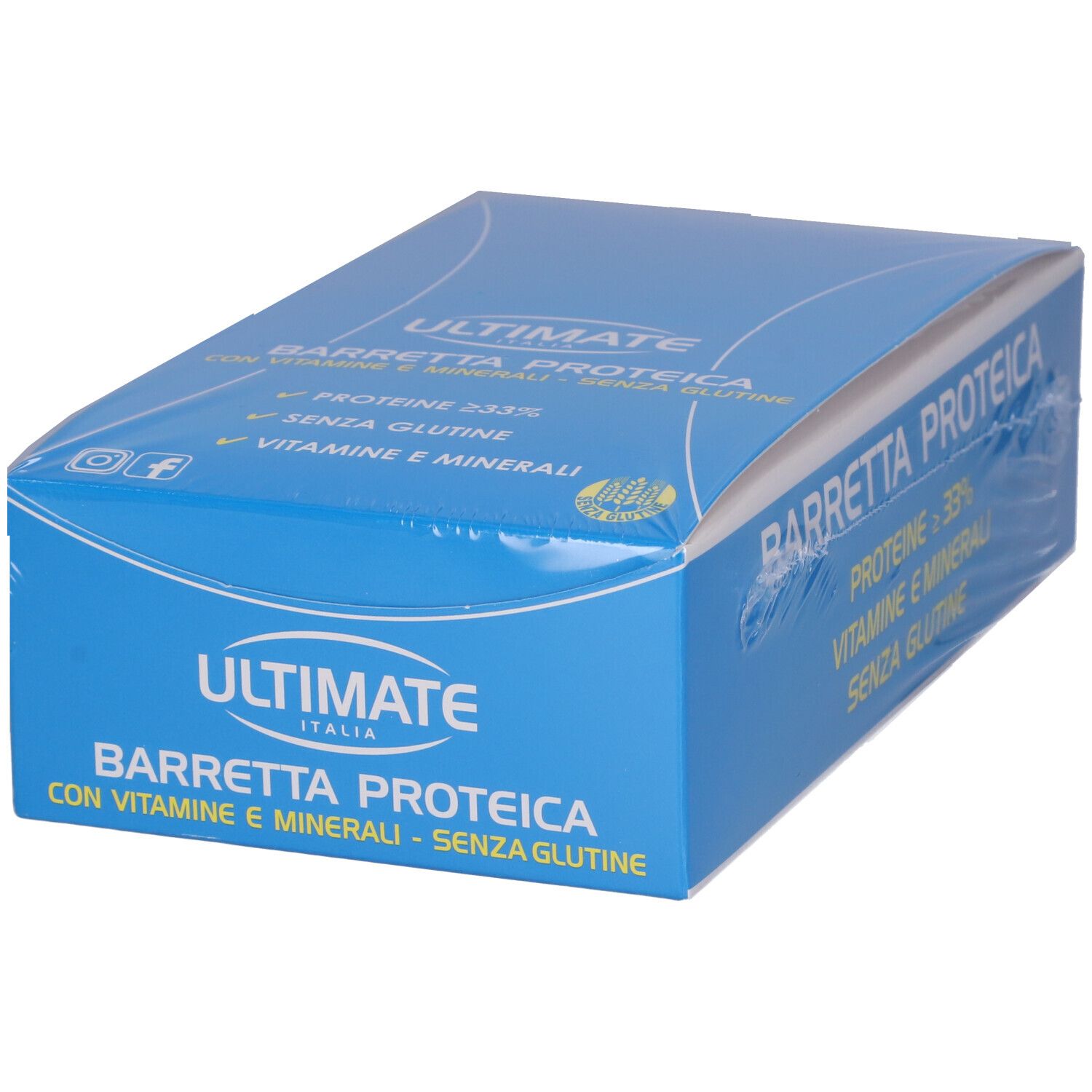 Scatola blu con barrette proteiche. Scritta: ULTIMATE, BARRETTA PROTEICA, proteine ≥ 33%, vitamine e minerali, senza glutine.