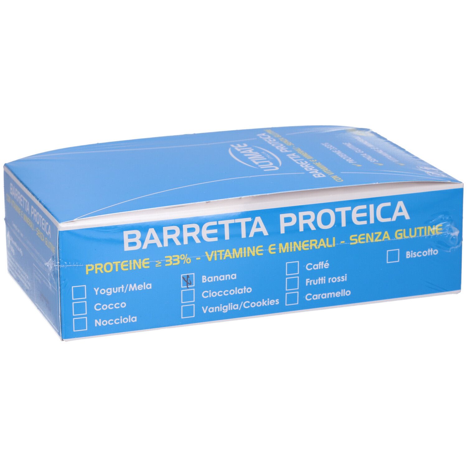 Scatola blu con barrette proteiche. Scritta: BARRETTA PROTEICA, proteine ≥ 33%, vitamine e minerali, senza glutine. Scelte.
