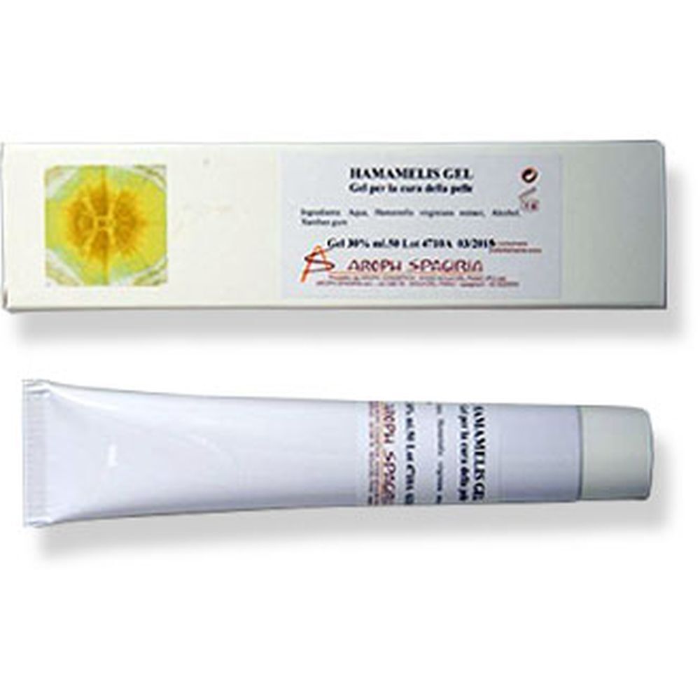 Tubo e scatola bianchi. Sul tubo c'è scritto "Gel per la cura della pelle". Sulla scatola c'è scritto "Hamamelis Gel".