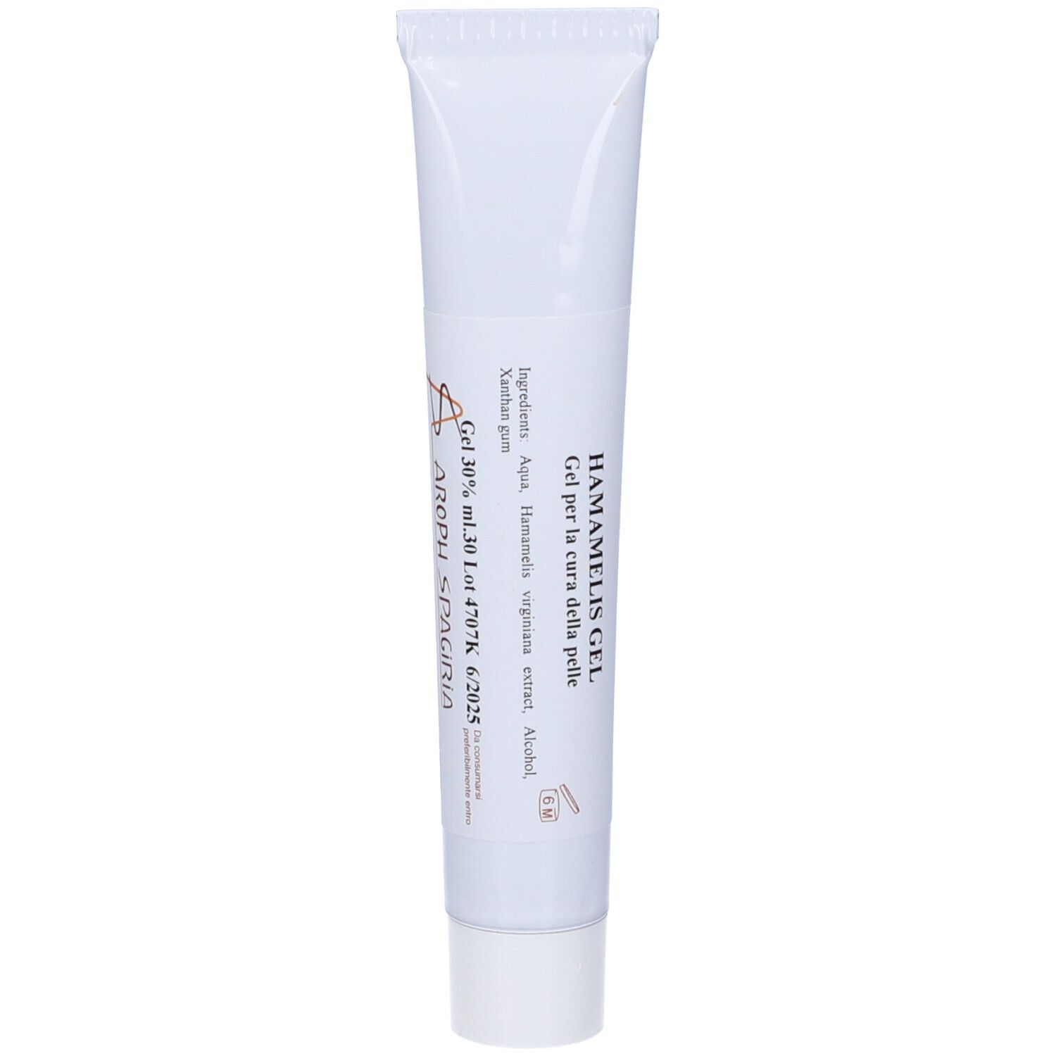 Tubo bianco con testo. Stampati ingredienti e "Gel per la cura della pelle". Logo e testo "AROPH SPAGIRIA".