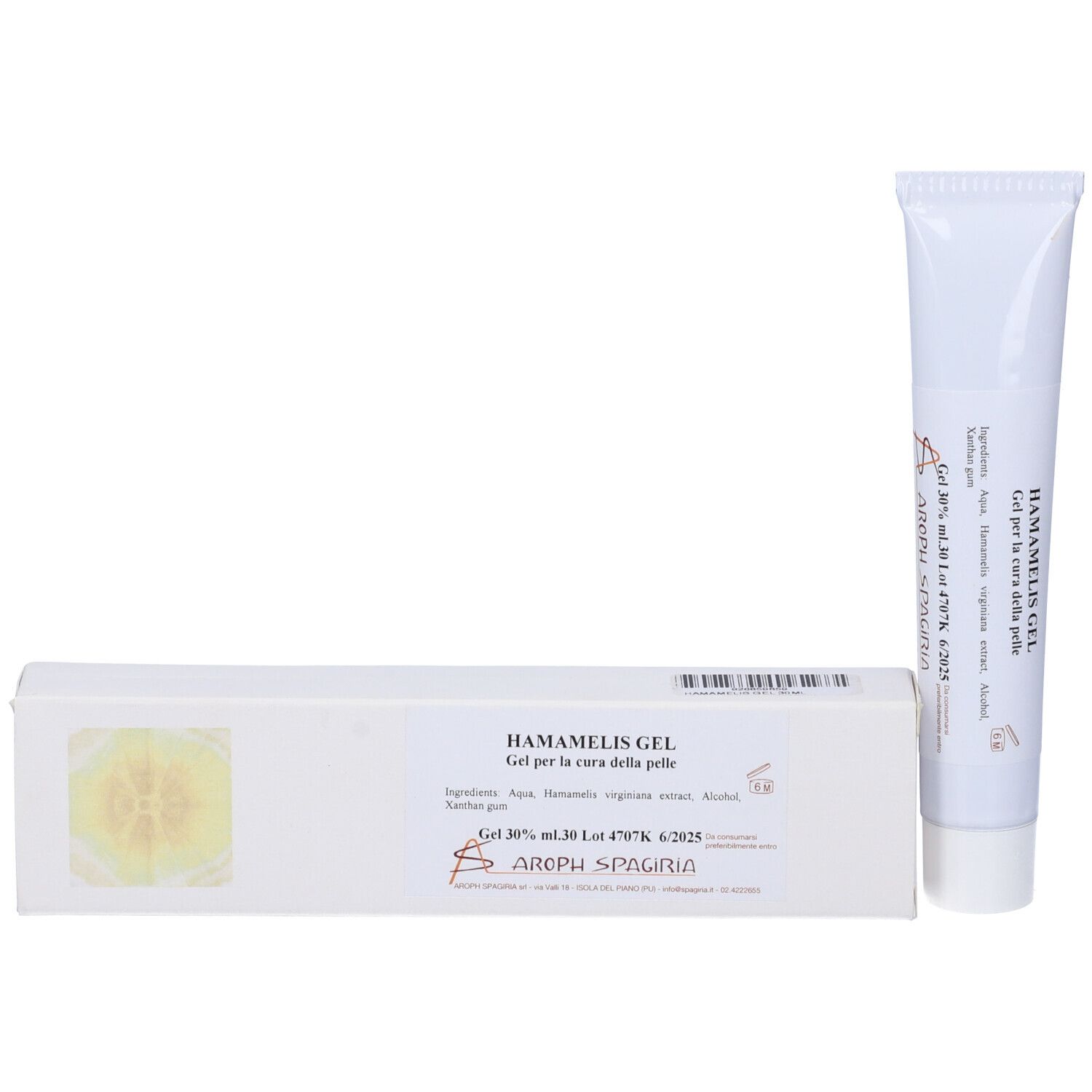 Tubo e scatola bianchi. Sul tubo c'è scritto "Gel per la cura della pelle". Sulla scatola c'è scritto "Hamamelis Gel".