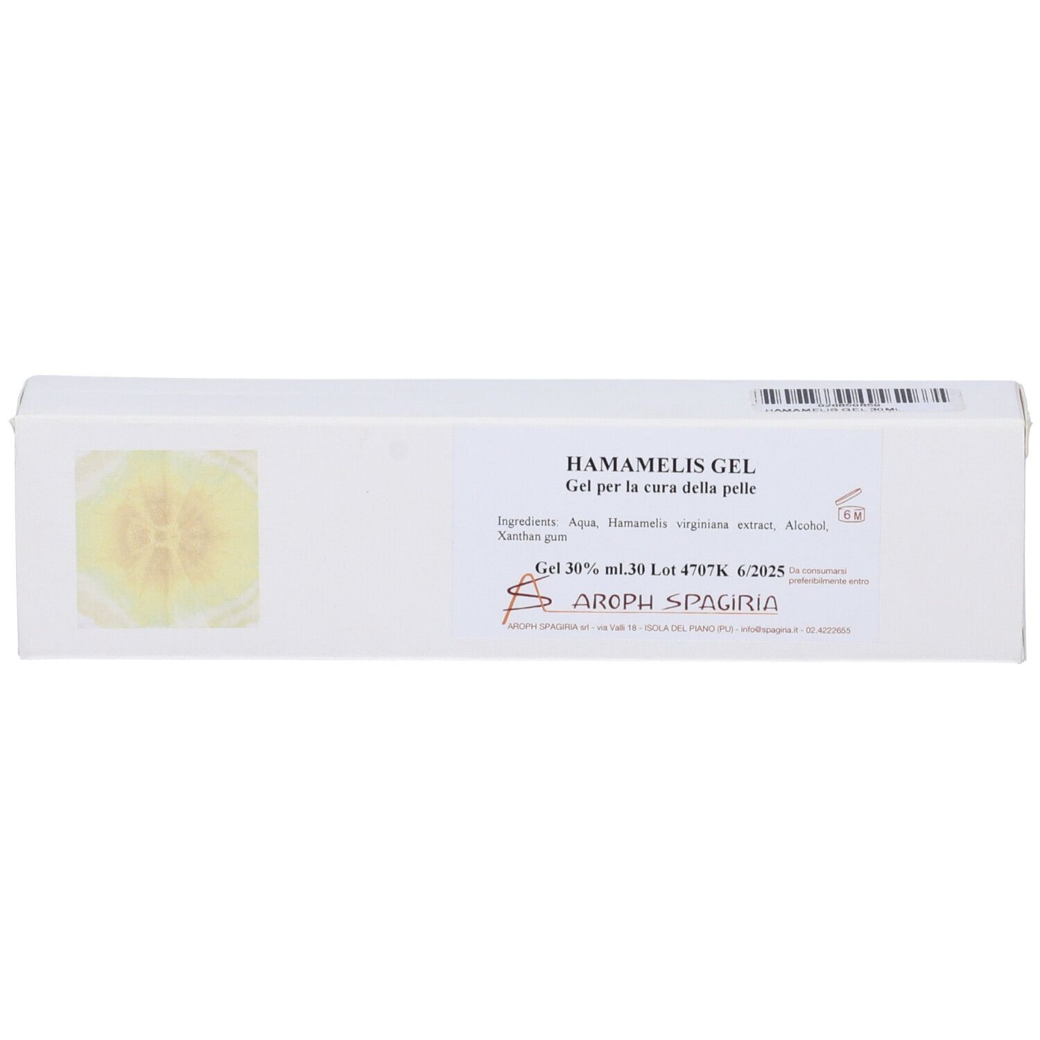 Scatola bianca con testo. La scatola indica "Hamamelis Gel" e "Gel per la cura della pelle".