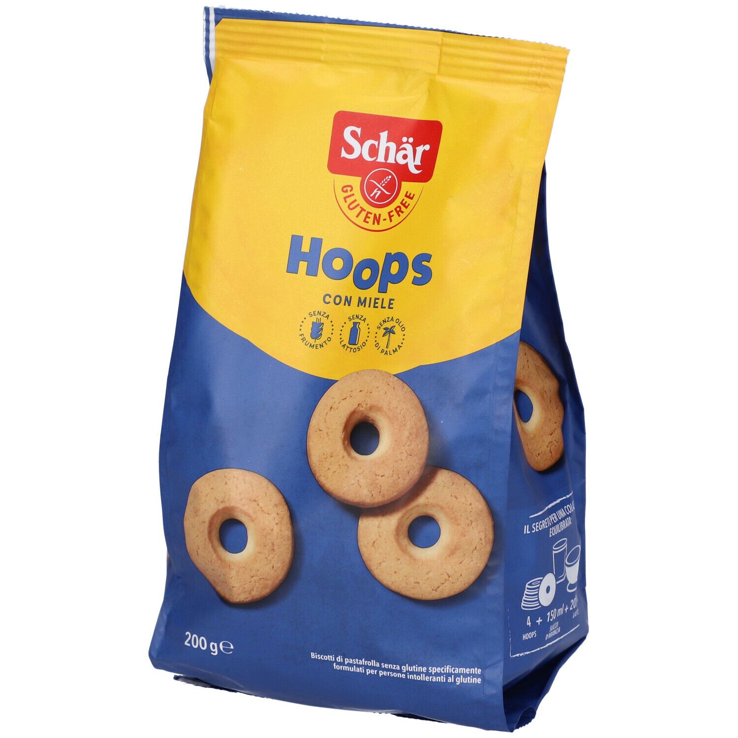Confezione di Schär Hoops Con Miele. Sacchetto blu e giallo con biscotti. Senza glutine.