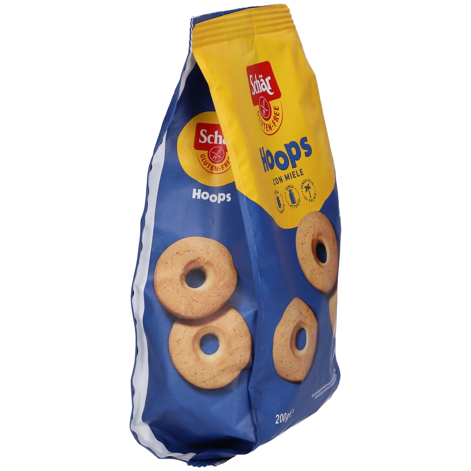 Vista laterale della confezione Schär Hoops Con Miele. Sacchetto blu e giallo con biscotti.