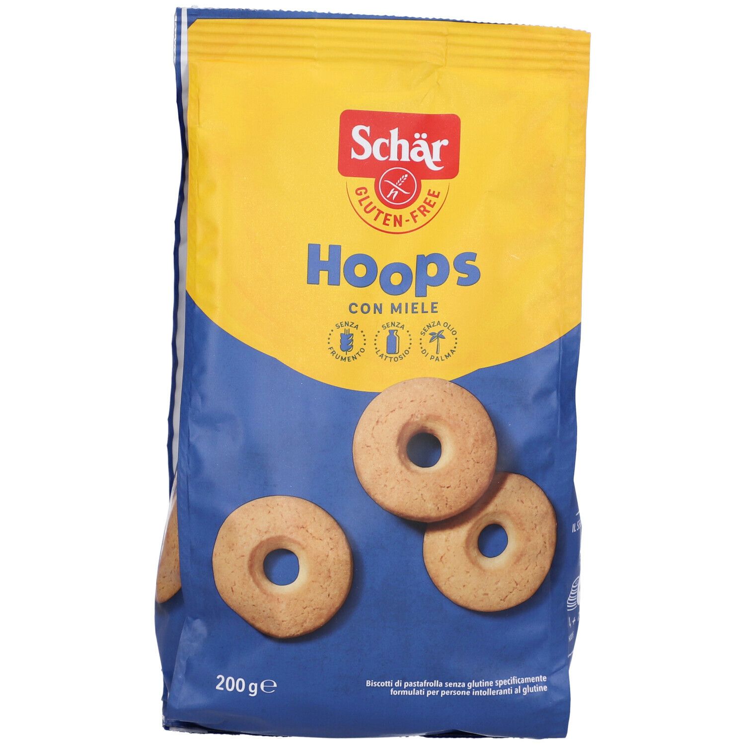 Vista frontale della confezione Schär Hoops Con Miele. Sacchetto blu e giallo con biscotti. Senza glutine.