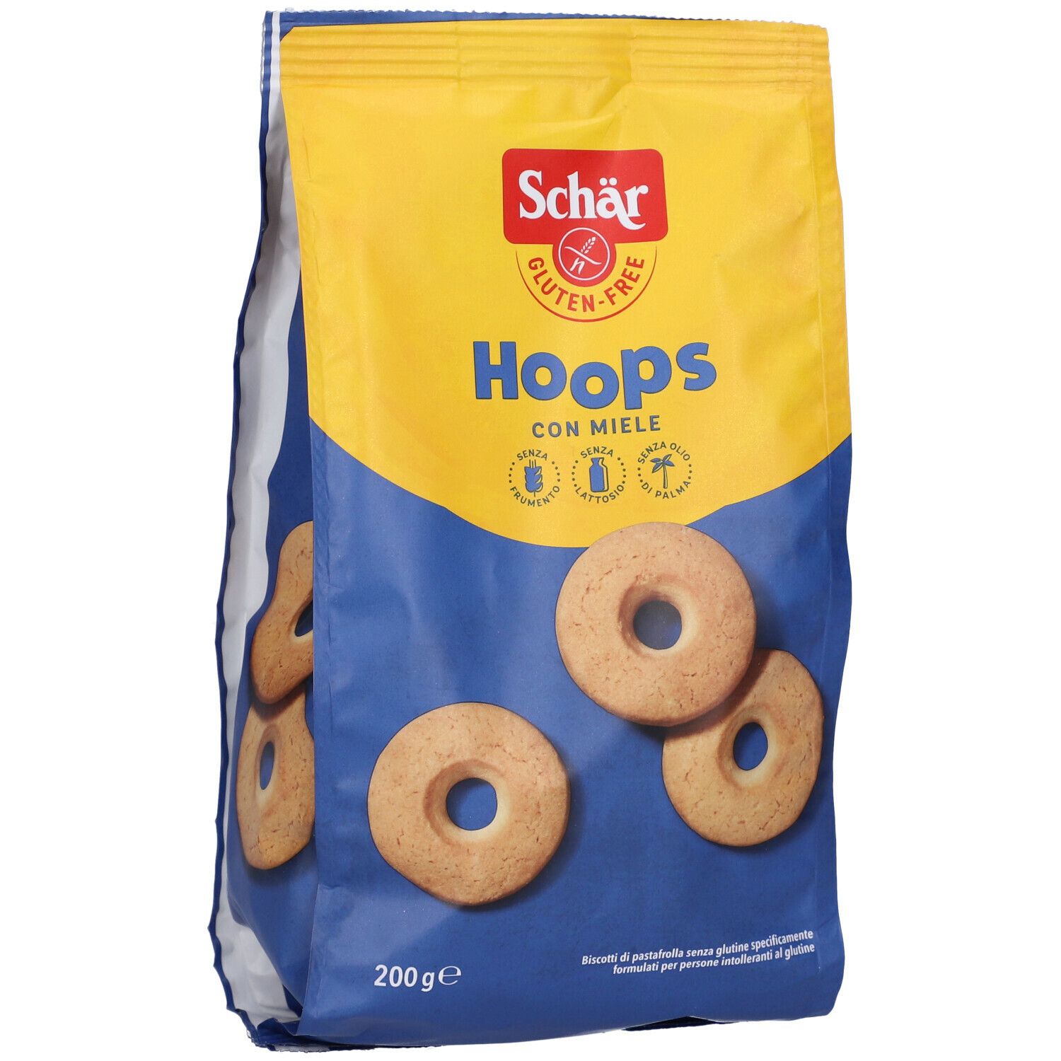 Vista frontale della confezione Schär Hoops Con Miele. Sacchetto blu e giallo con biscotti. Senza glutine.