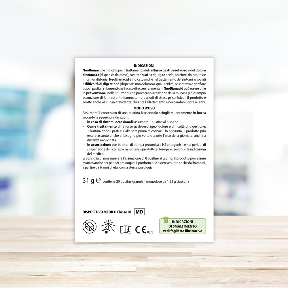 Rückseite der NeoBianacid-Verpackung. Informationen zur Anwendung und Dosierung. Medizinprodukt.