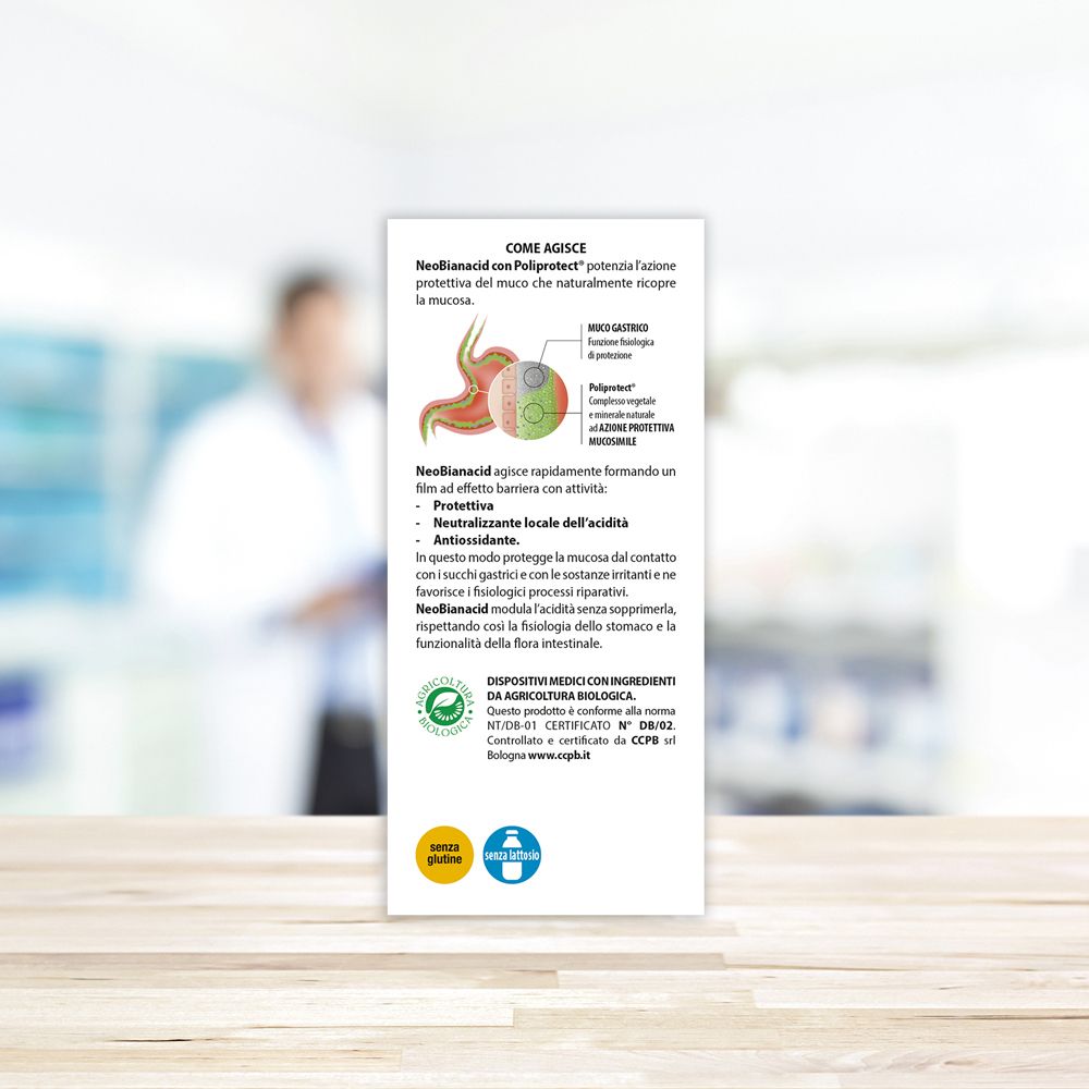 Rückseite der NeoBianacid-Verpackung. Informationen zur Wirkungsweise. Medizinprodukt.