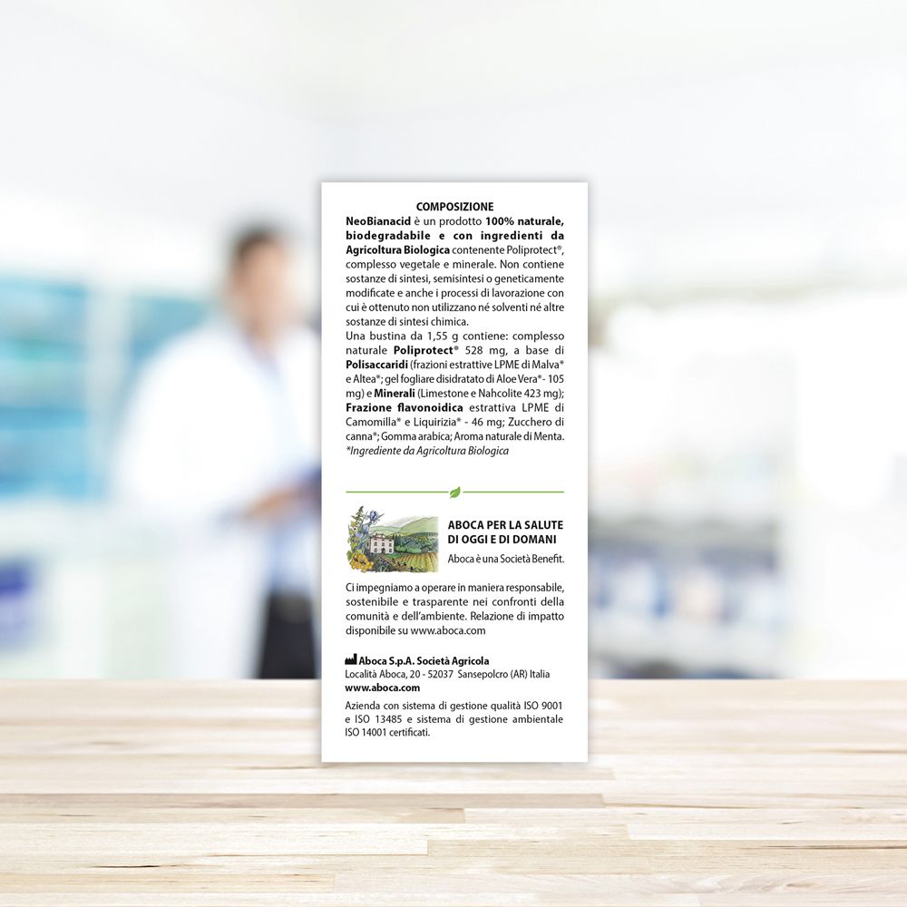 Rückseite der NeoBianacid-Verpackung. Zusammensetzung und Herstellerinformationen. Medizinprodukt.