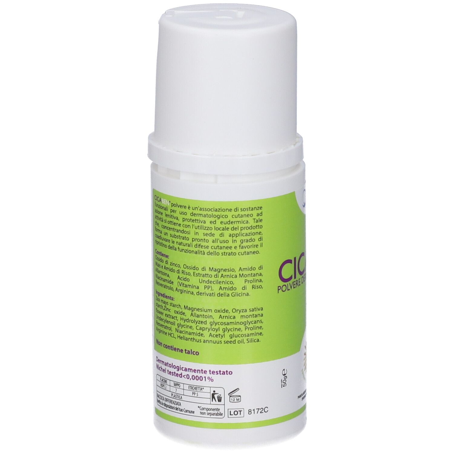 Rückseite der weißen Flasche mit grünem Etikett. Text in italienischer Sprache. Inhaltsstoffe und Chargennummer.