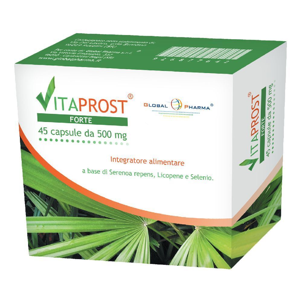 Scatola di capsule "Vitaprost Forte". Confezione verde e bianca con nome del prodotto, logo e informazioni.