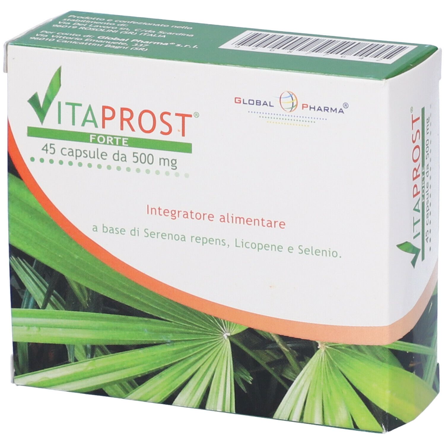 Scatola "Vitaprost Forte" con nome del prodotto, logo e informazioni. Confezione verde e bianca.