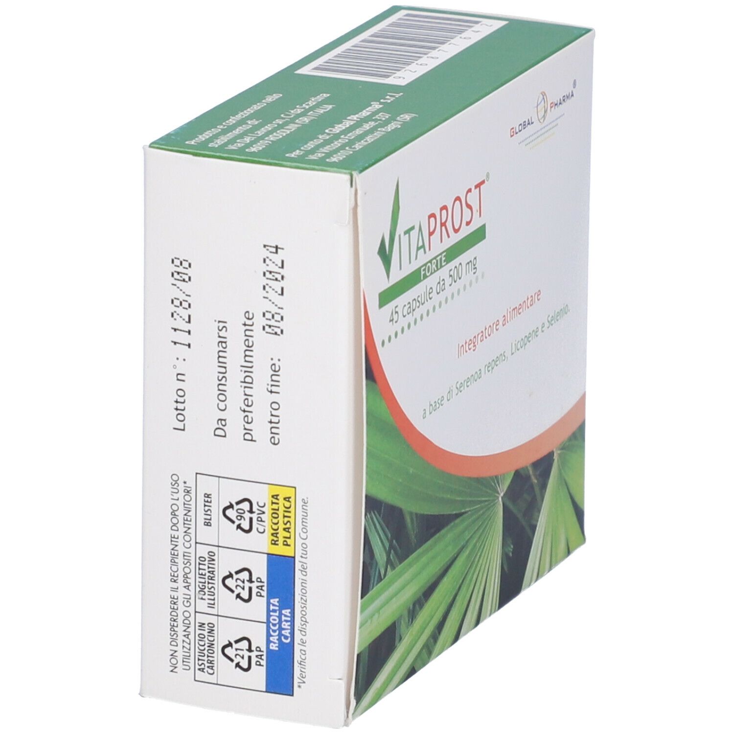 Scatola "Vitaprost Forte" con nome del prodotto, logo e informazioni. Confezione verde e bianca.