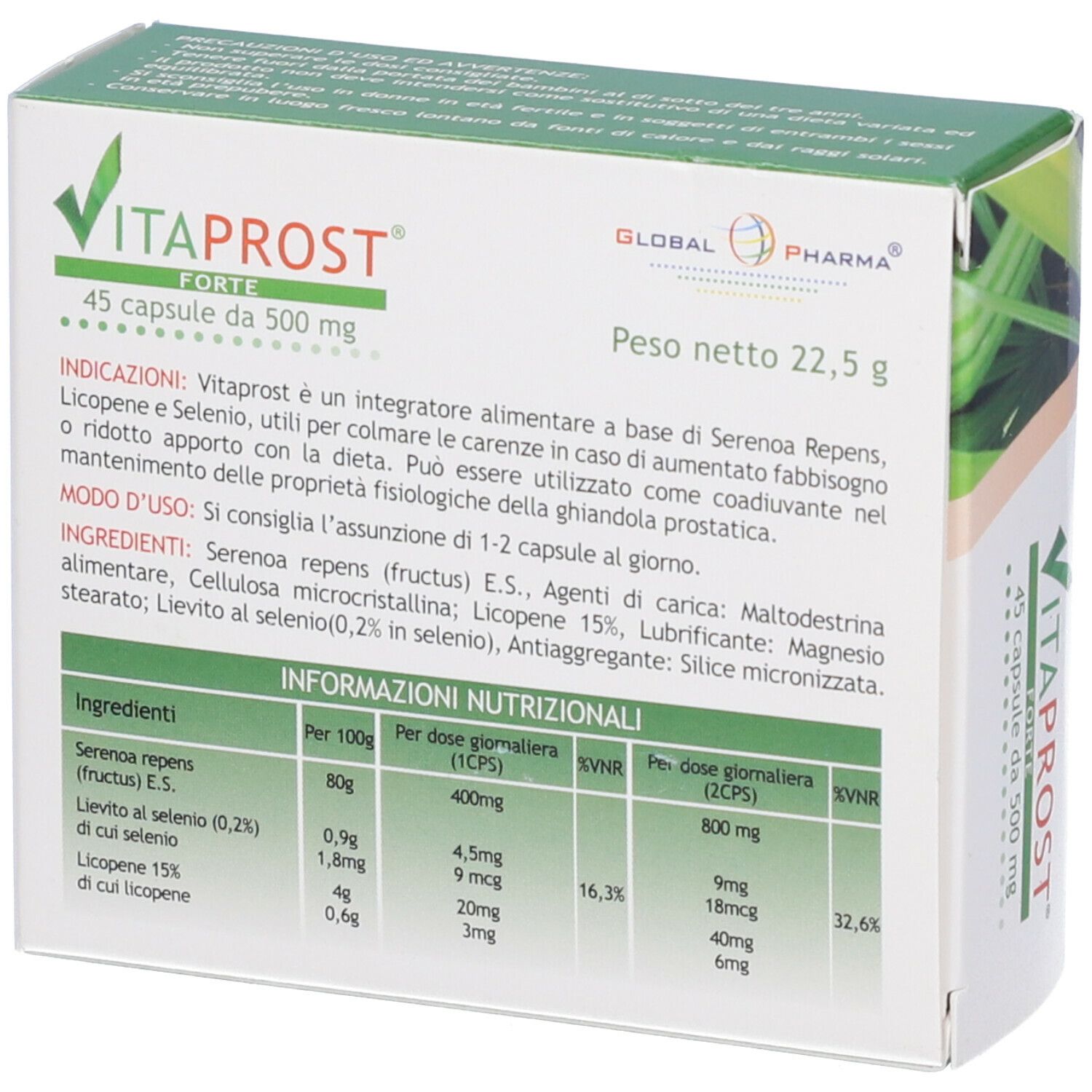 Scatola "Vitaprost Forte" con nome del prodotto, logo e informazioni. Confezione verde e bianca.