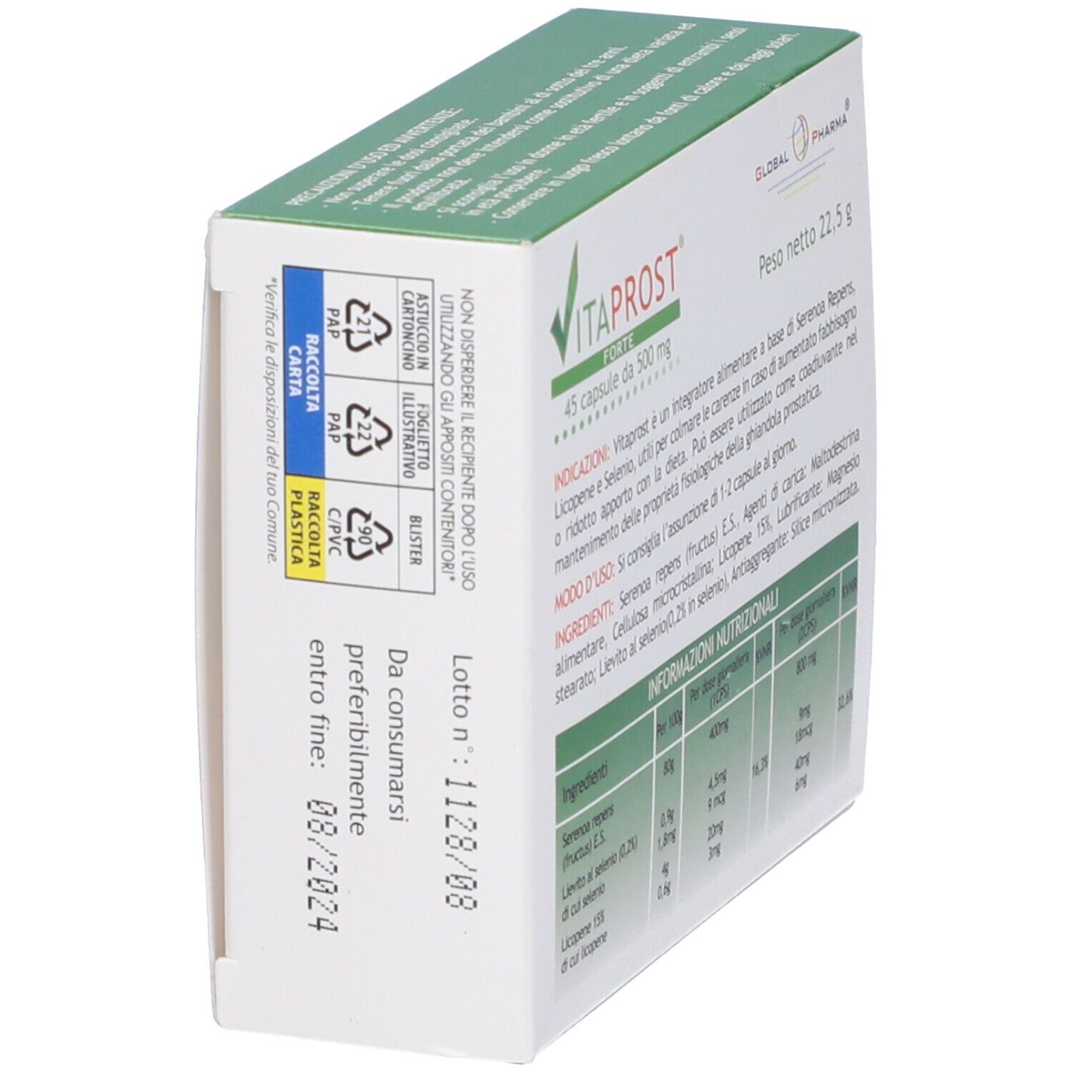 Scatola "Vitaprost Forte" con nome del prodotto, logo e informazioni. Confezione verde e bianca.