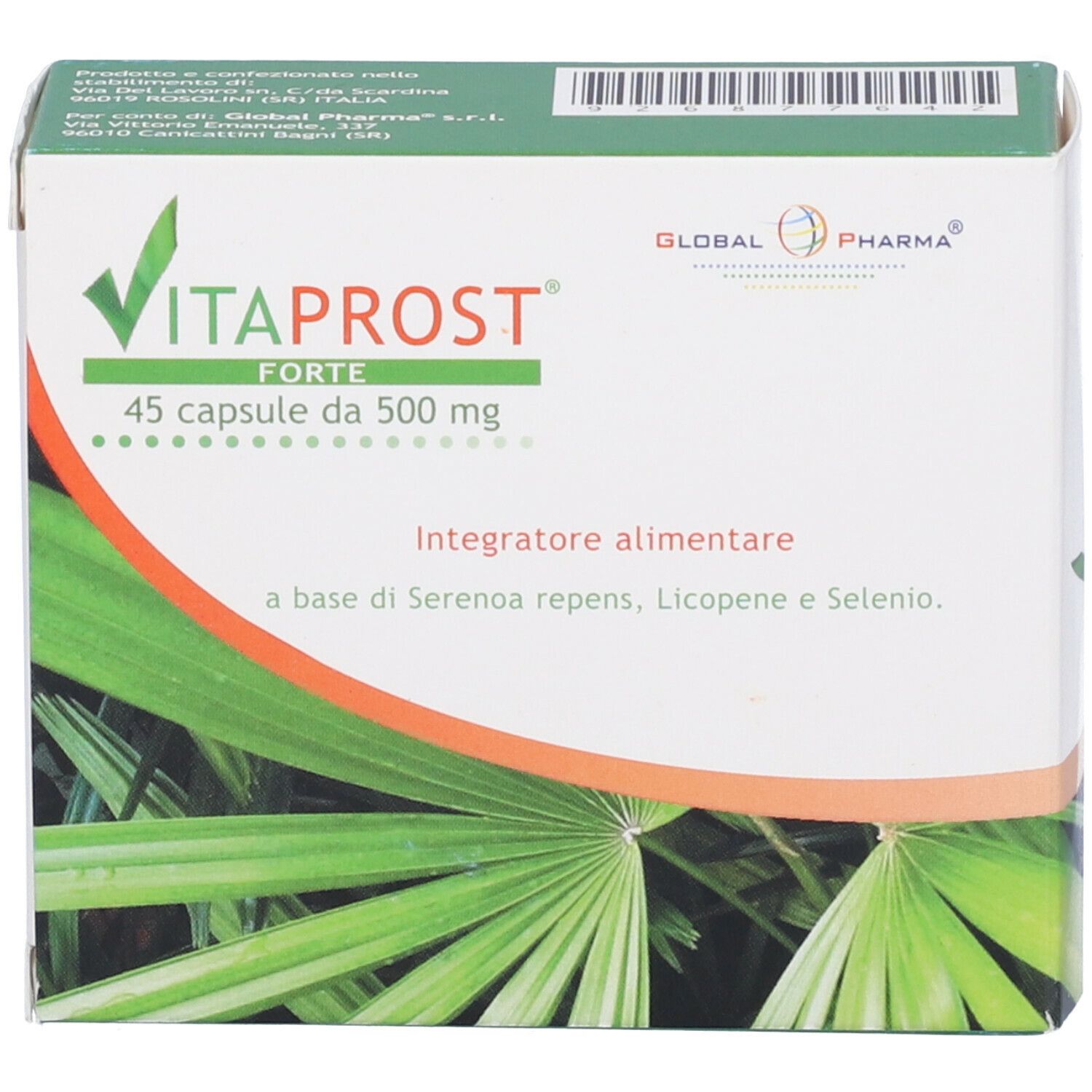 Scatola "Vitaprost Forte" con nome del prodotto, logo e informazioni. Confezione verde e bianca.